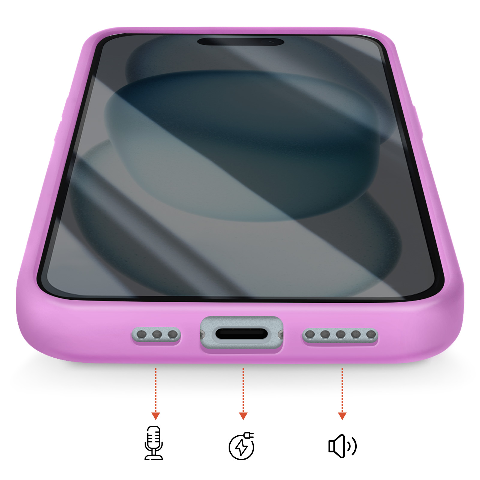 Een roze telefoon met oplaadpoort, microfoon en luidsprekerroosters.