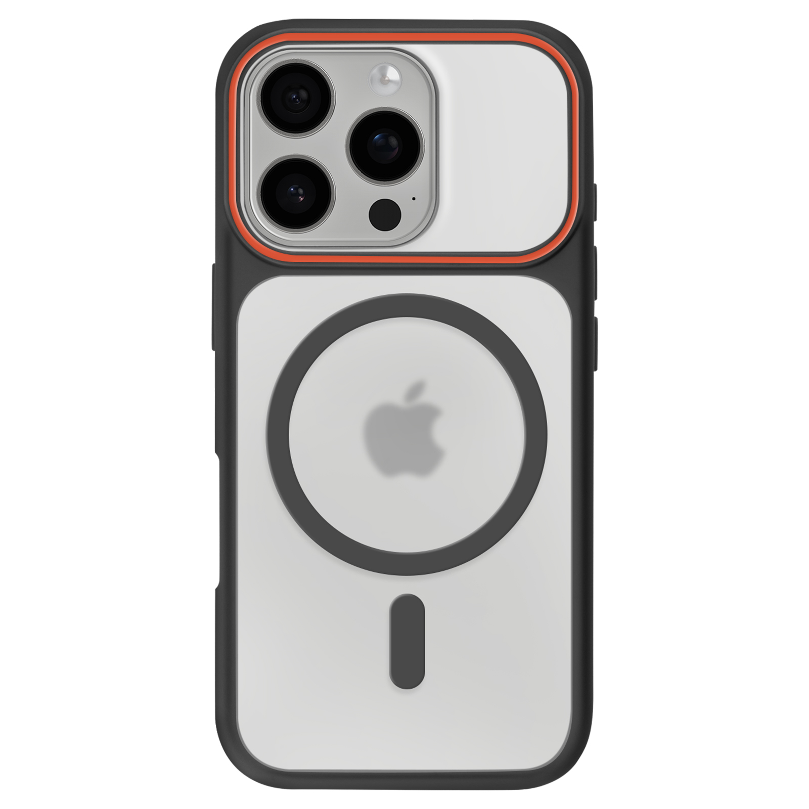 Zwarte iPhone hoes met doorzichtige achterkant, oranje rand en camera-uitsparing.