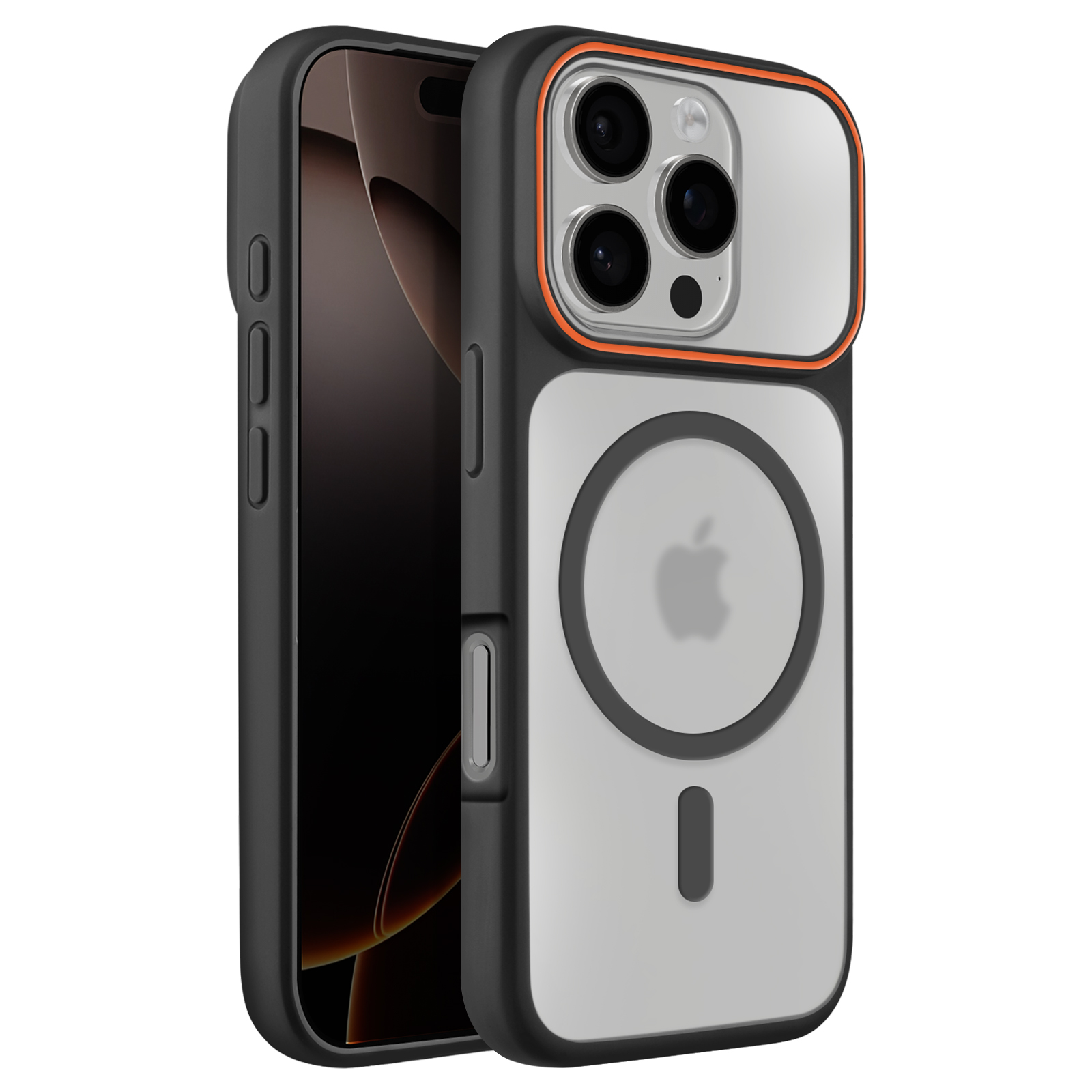 Zwarte iPhone-hoes met doorzichtige achterkant en oranje rand. Camera lenzen zijn zichtbaar.