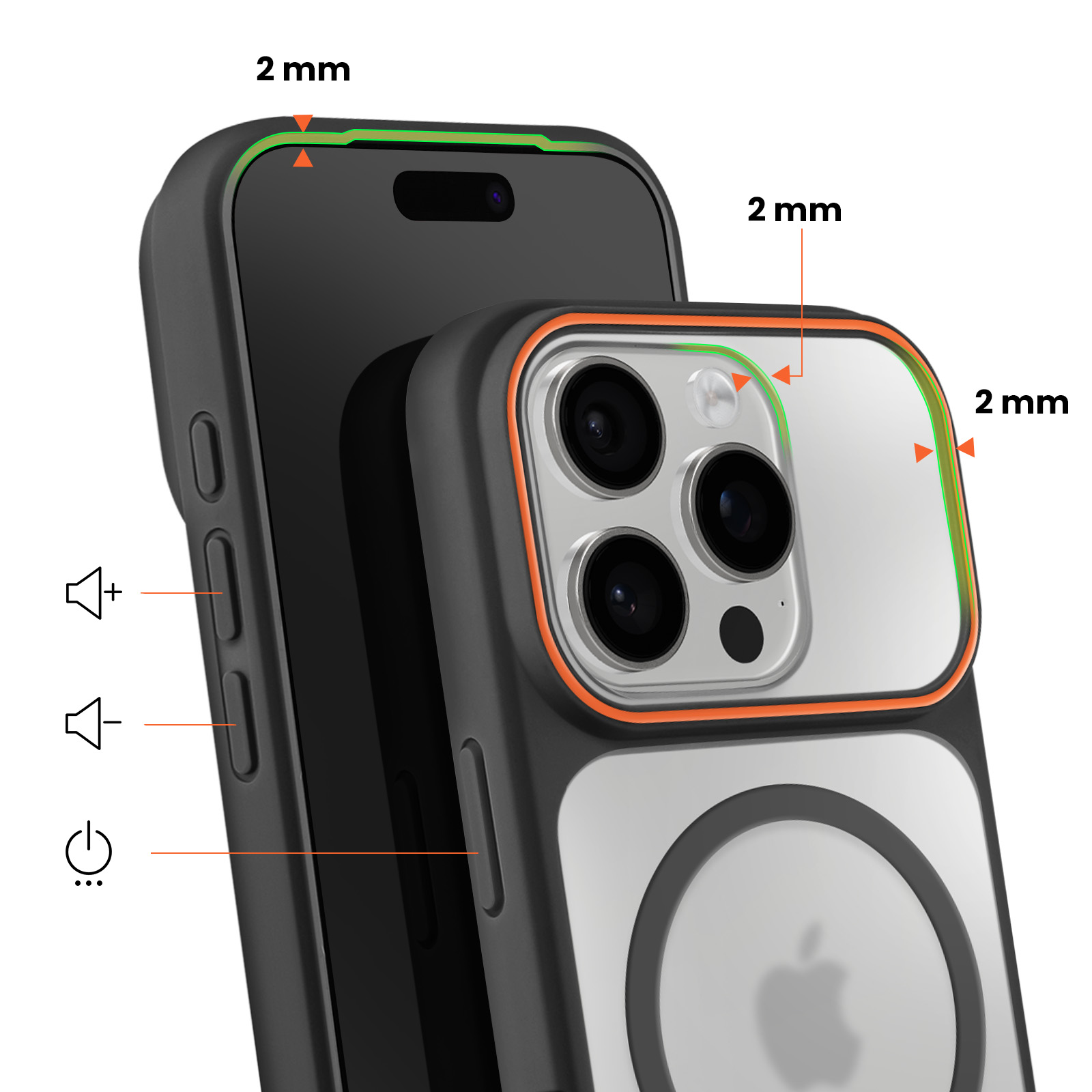 Zwarte telefoon met hoes, 2mm randen, camera's en knoppen.