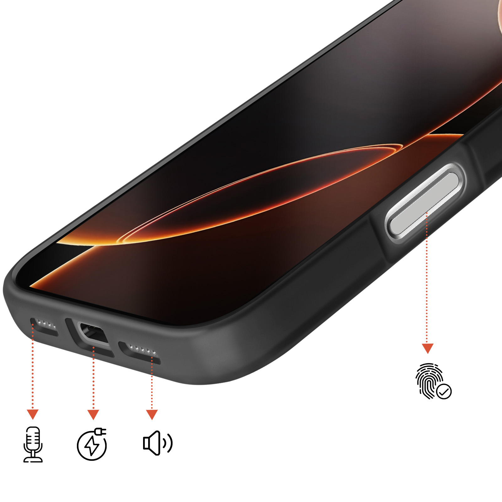 Zwarte telefoon met oplaadpoort, microfoon- en luidsprekerpictogrammen.