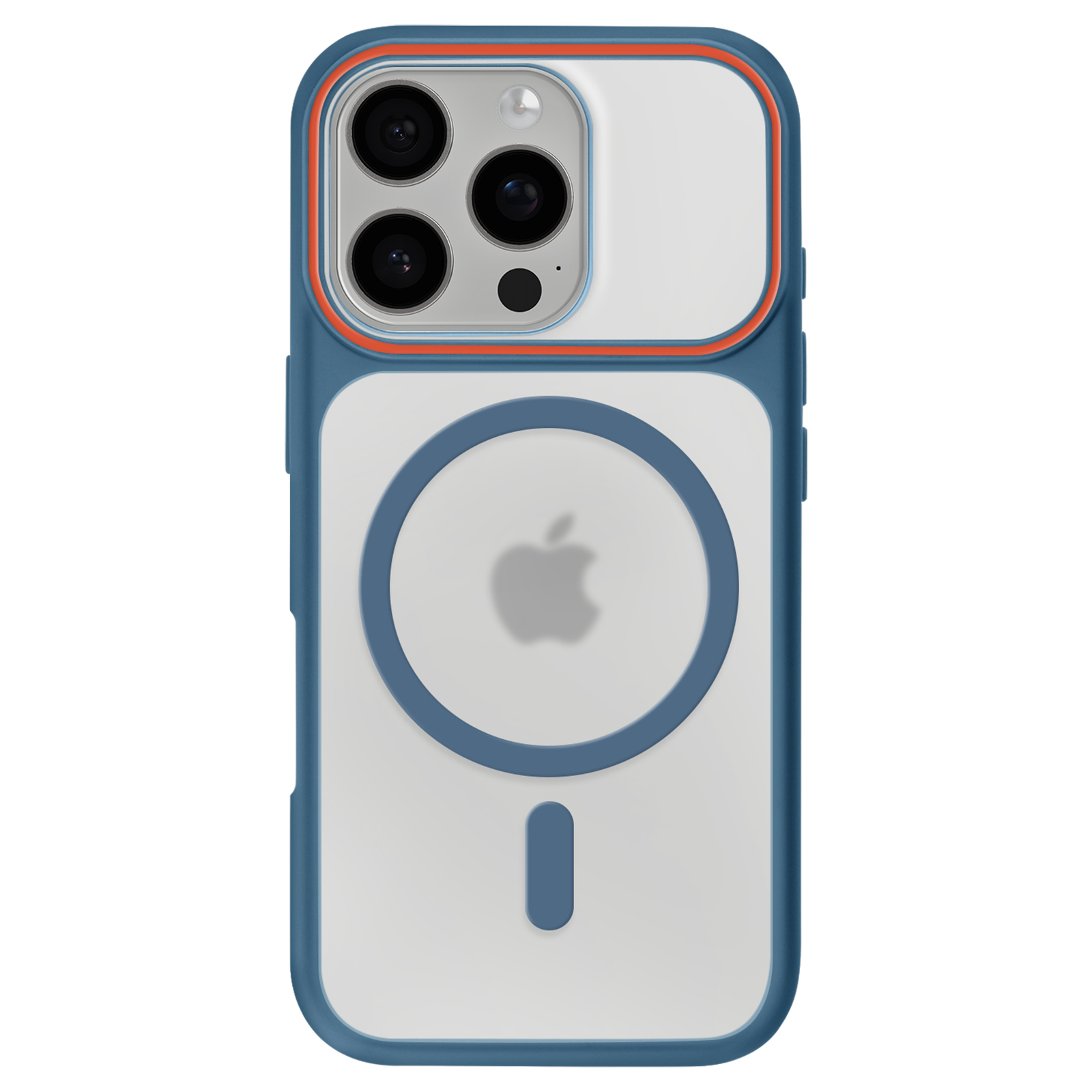 Blauw telefoonhoesje met doorzichtig achterkant, oranje rand.