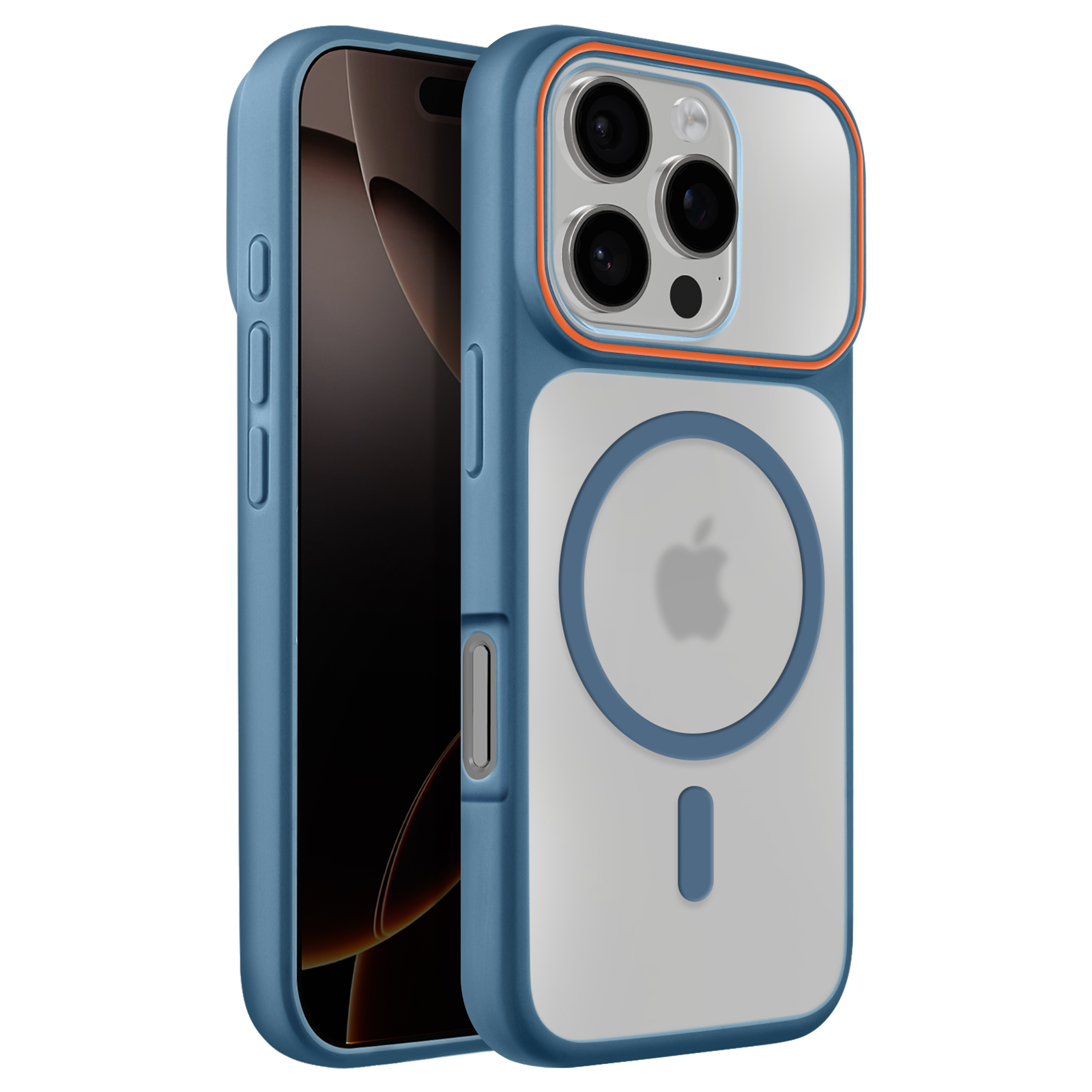 Blauw iPhone hoesje met doorzichtige achterkant, camerauitsparing en magische cirkel.