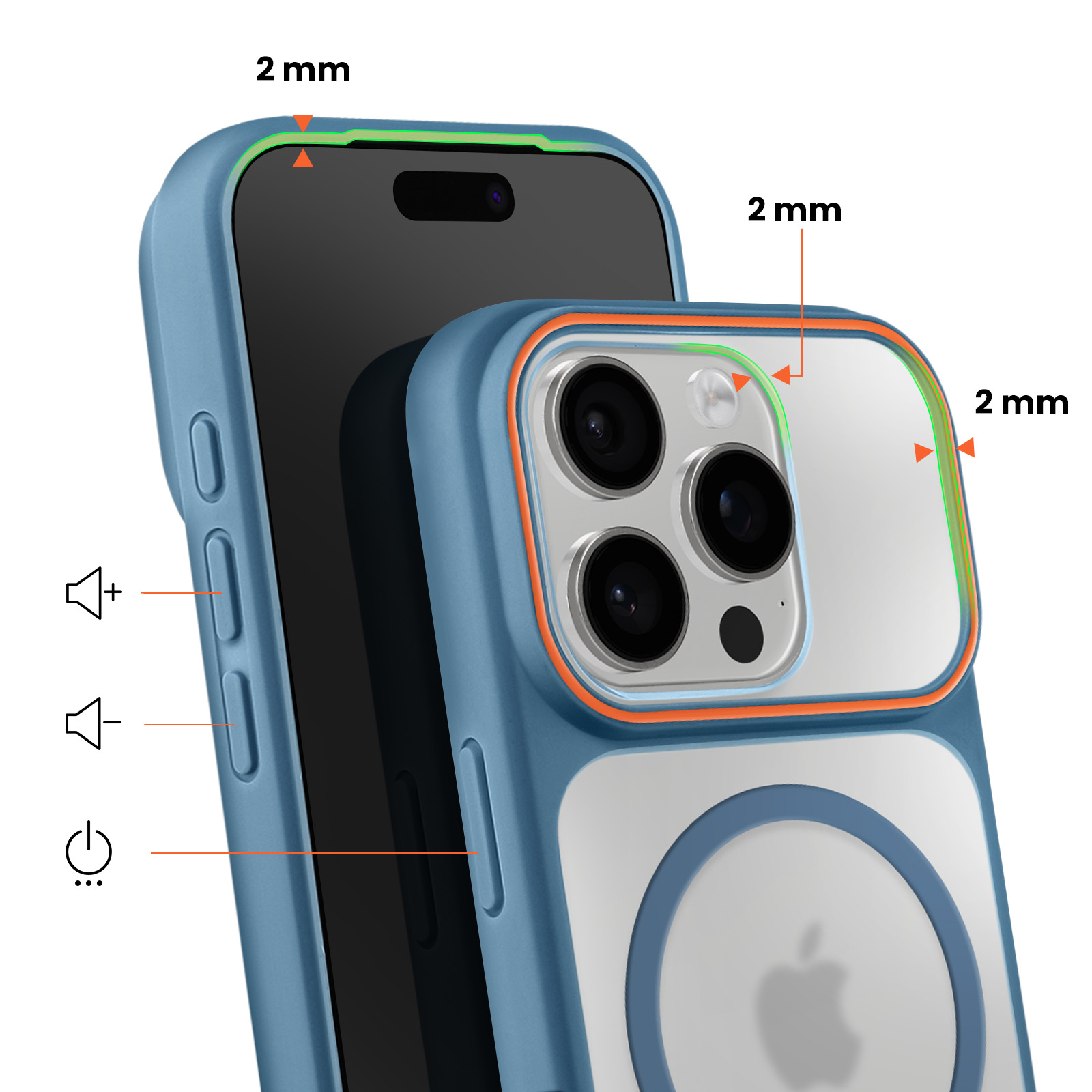 Blauw telefoonhoesje met 2 mm verhoogde randen rond camera/scherm.