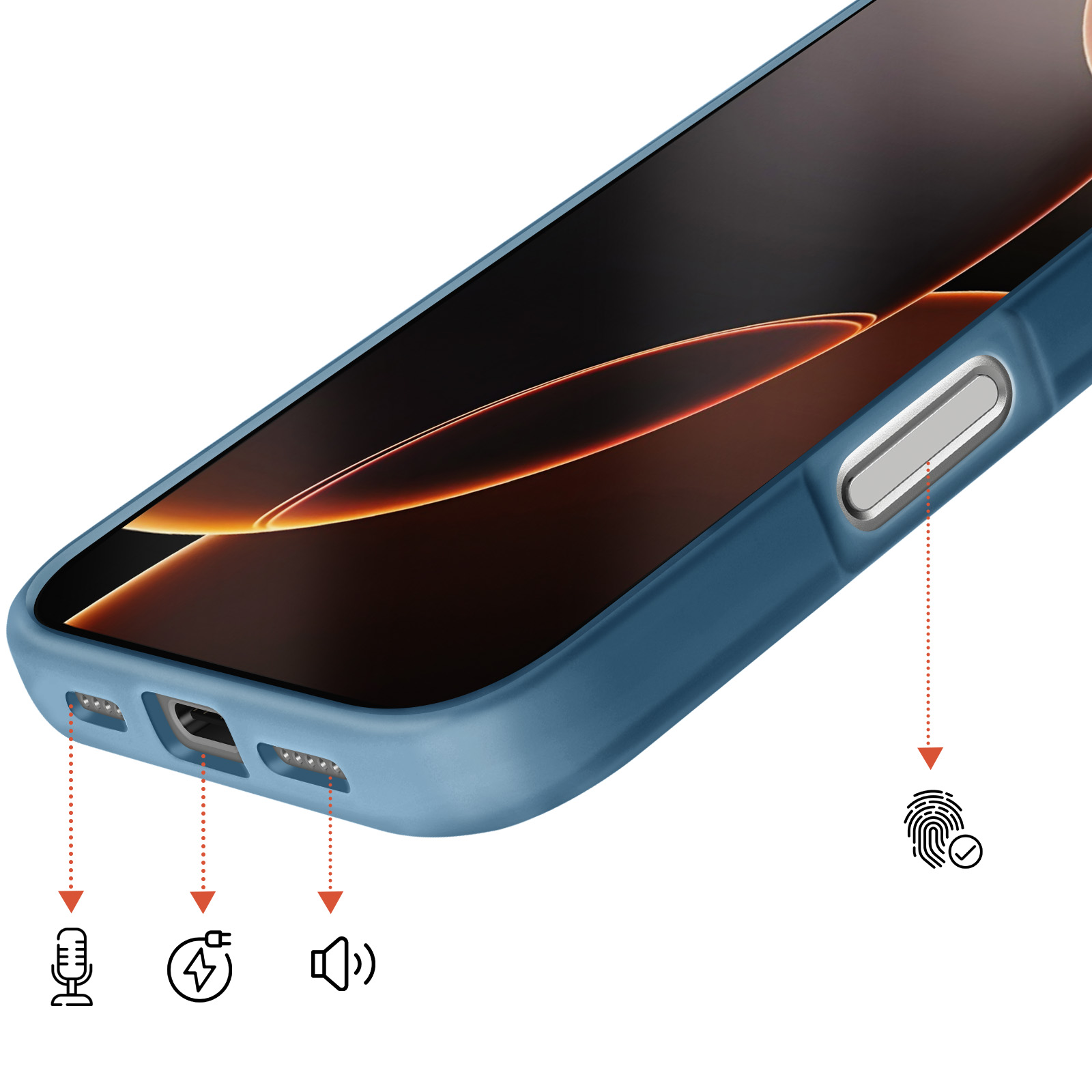 Blauwe telefoonhoes met uitsparingen voor poorten en knoppen.