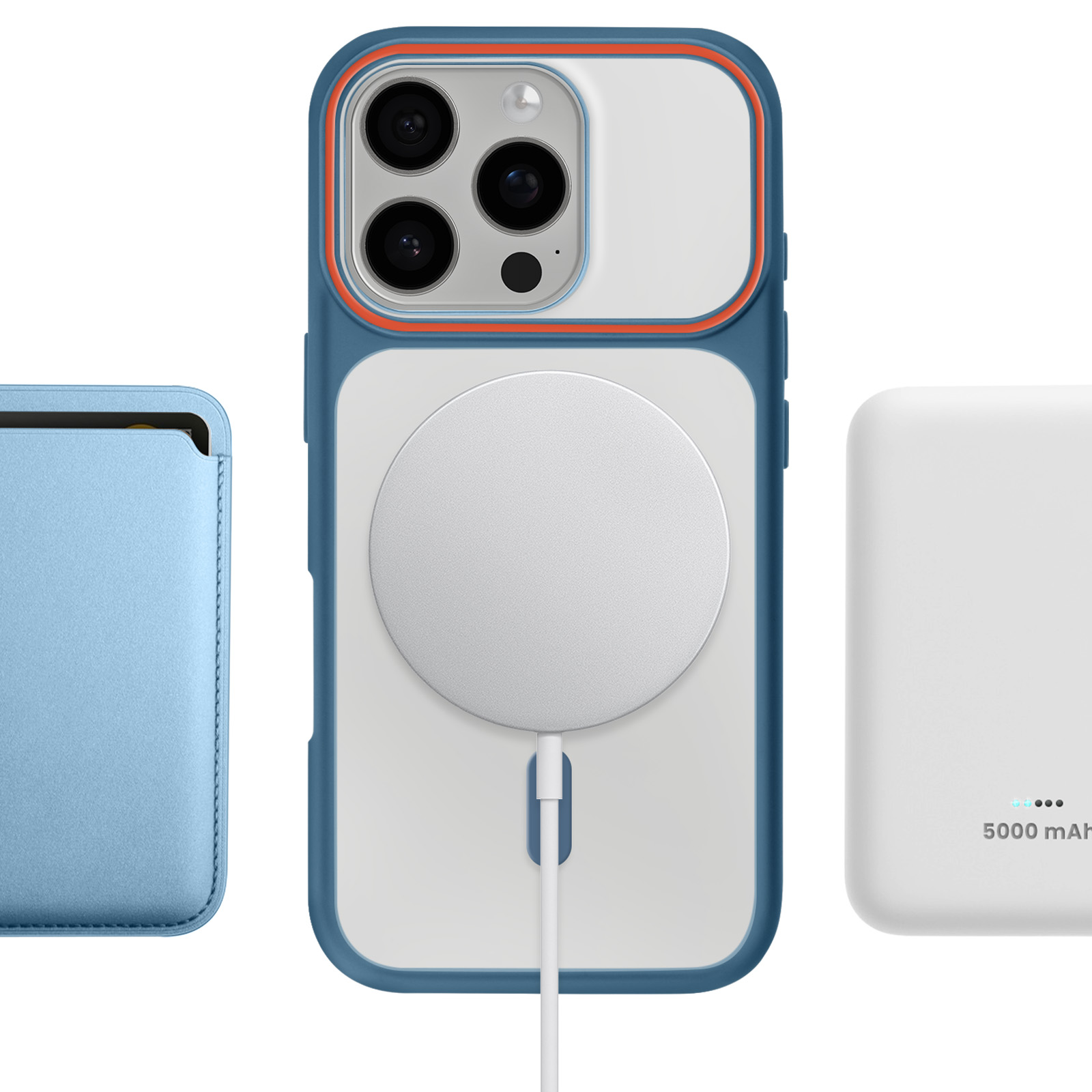 Een blauwe iPhone-hoes met MagSafe-oplader, een blauwe kaarthouder en een witte oplader.