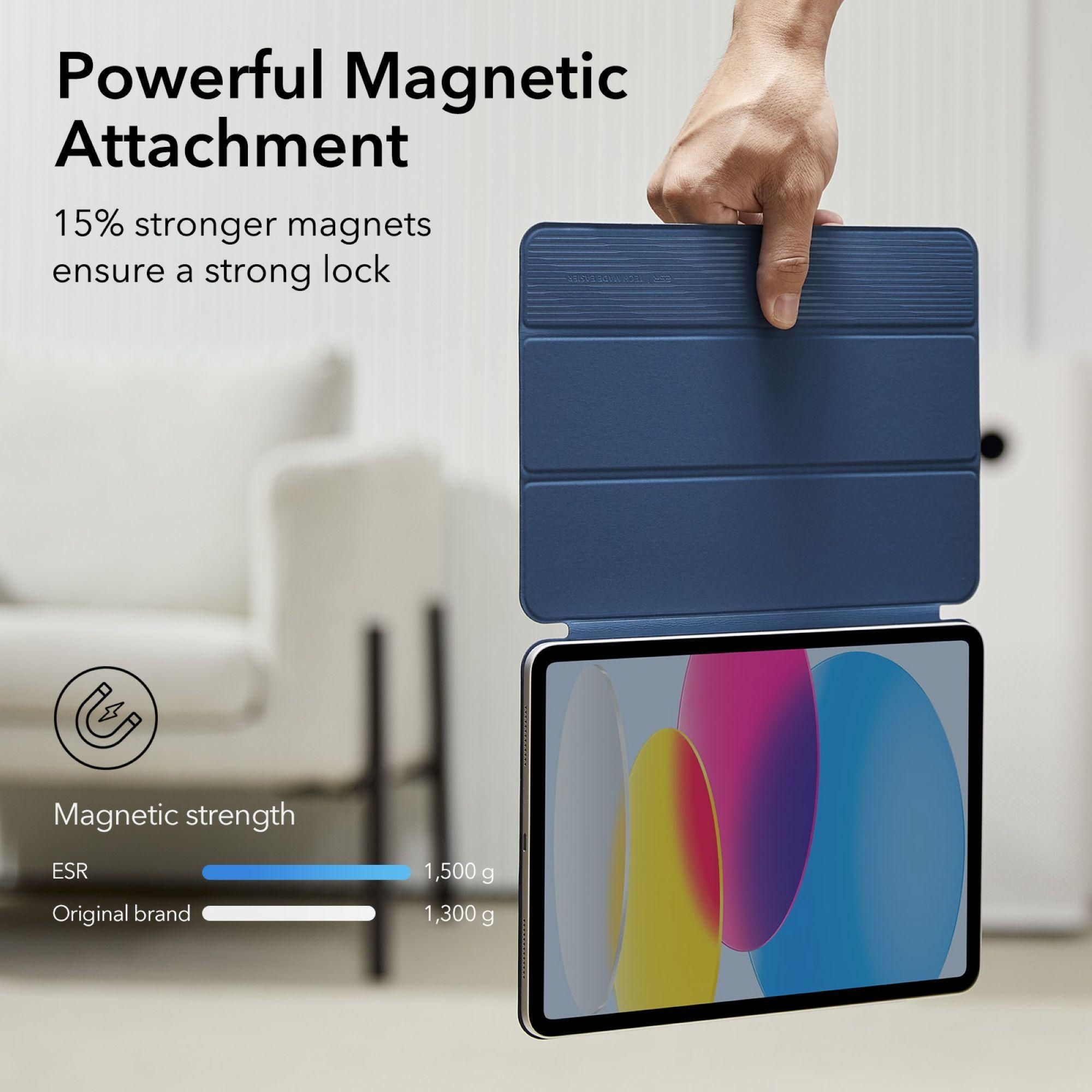 Hand hält blaue magnetische iPad-Hülle, zeigt stärkere Magnete.