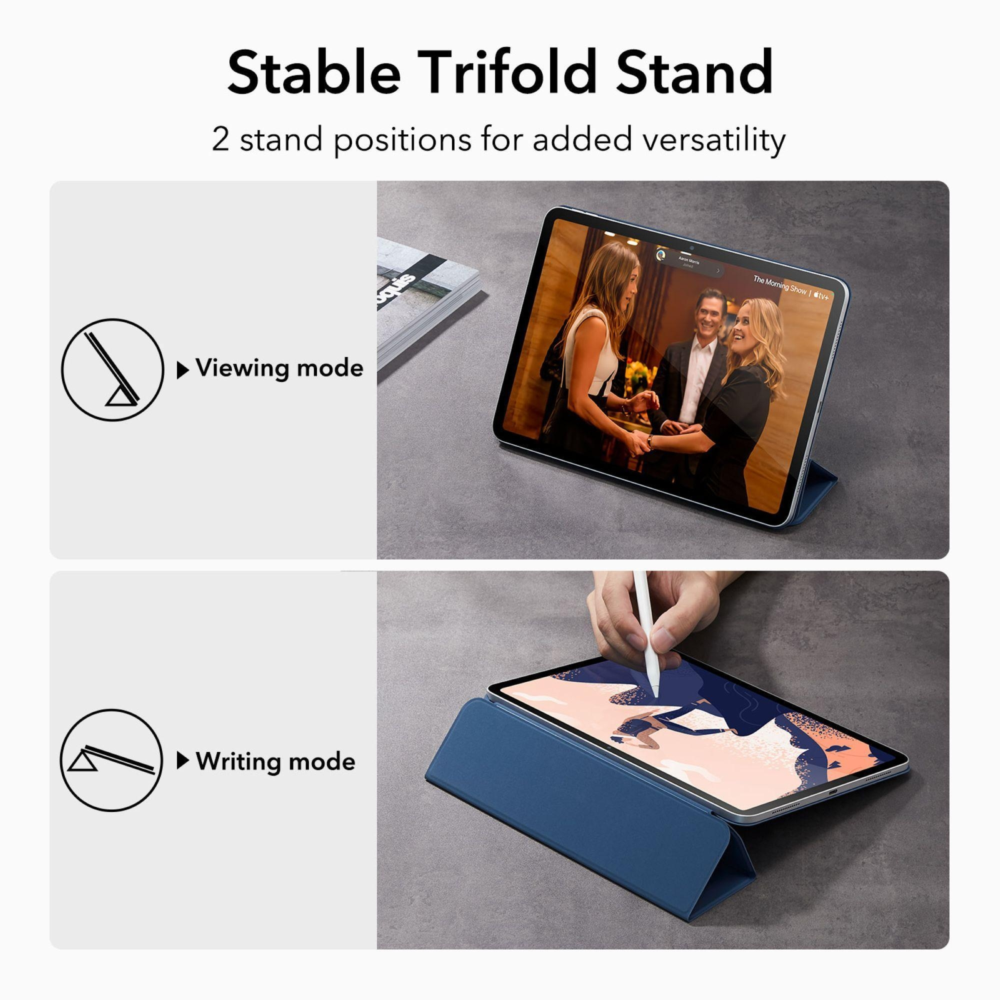 Tablet in zwei Modi: Ansicht und Schreiben, auf grauem Hintergrund.