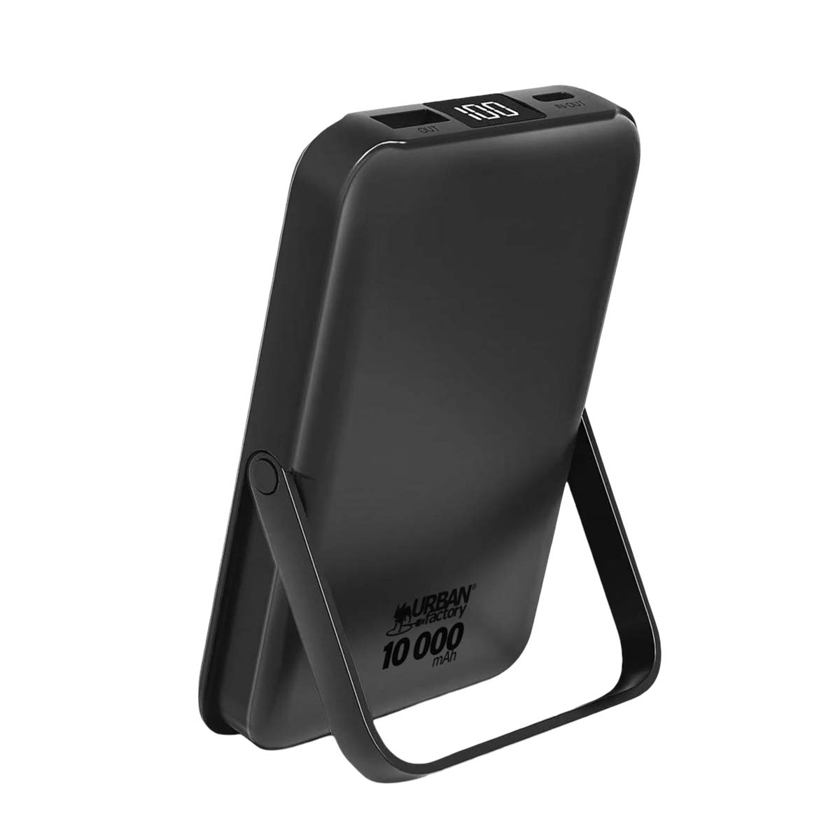 Batería externa negra con soporte. Pantalla muestra 100%. Texto: Urban Factory 10000 mAh.