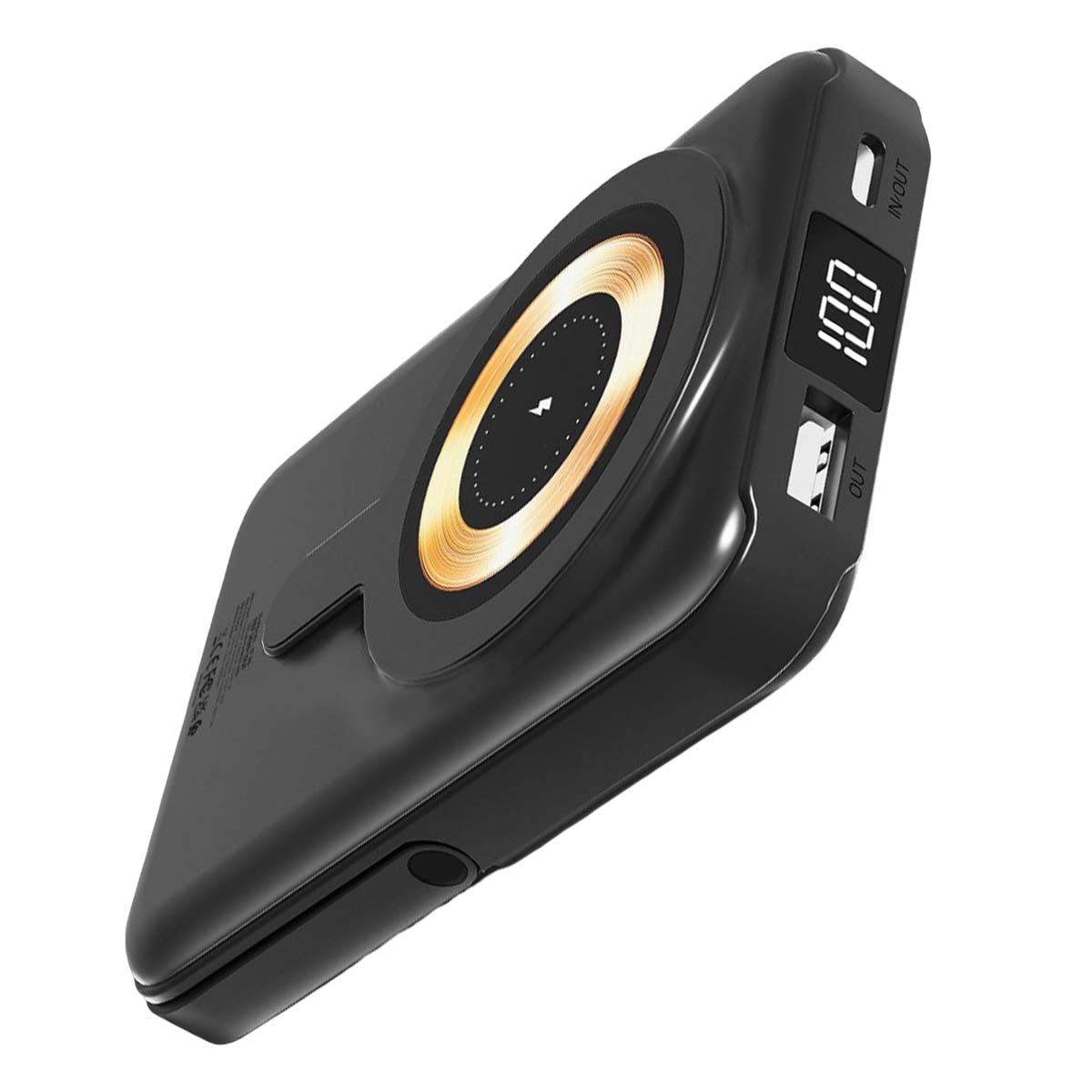 Cargador inalámbrico negro con pantalla digital (100) y puertos USB.