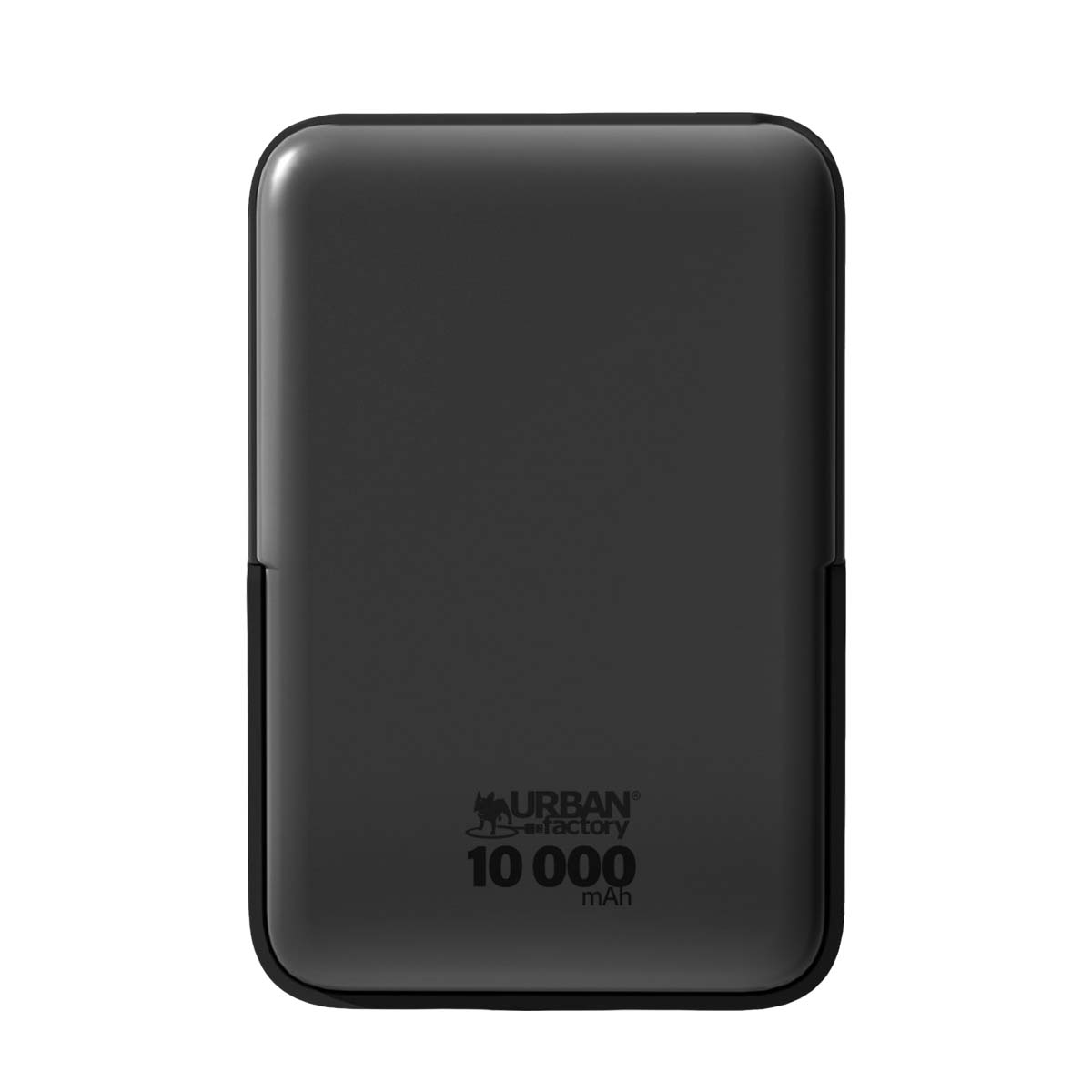 Batería externa negra Urban Factory de 10000 mAh sobre fondo blanco.