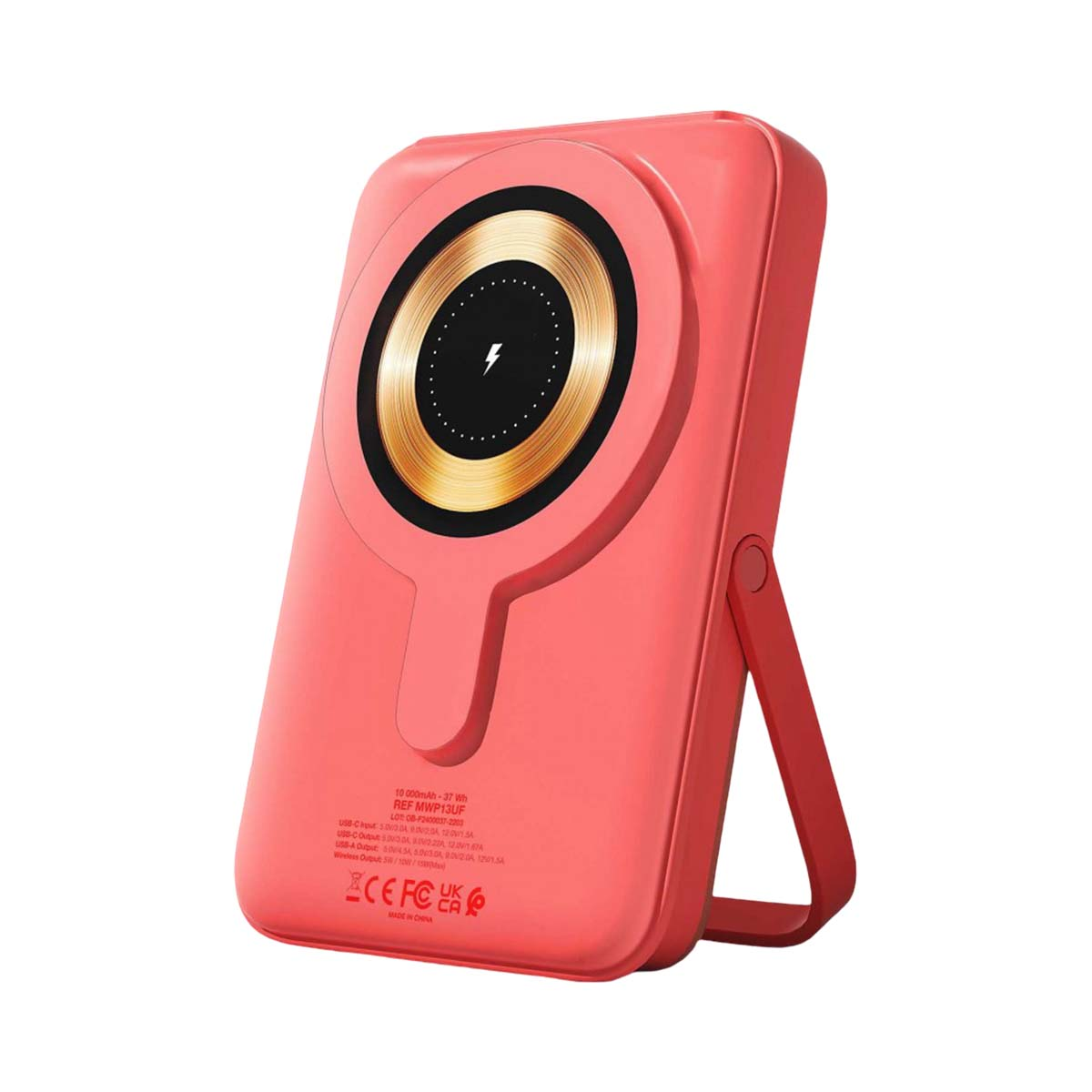 Korallenrosa Powerbank mit kabellosem Ladegerät und Ständer. Goldspulendetail.