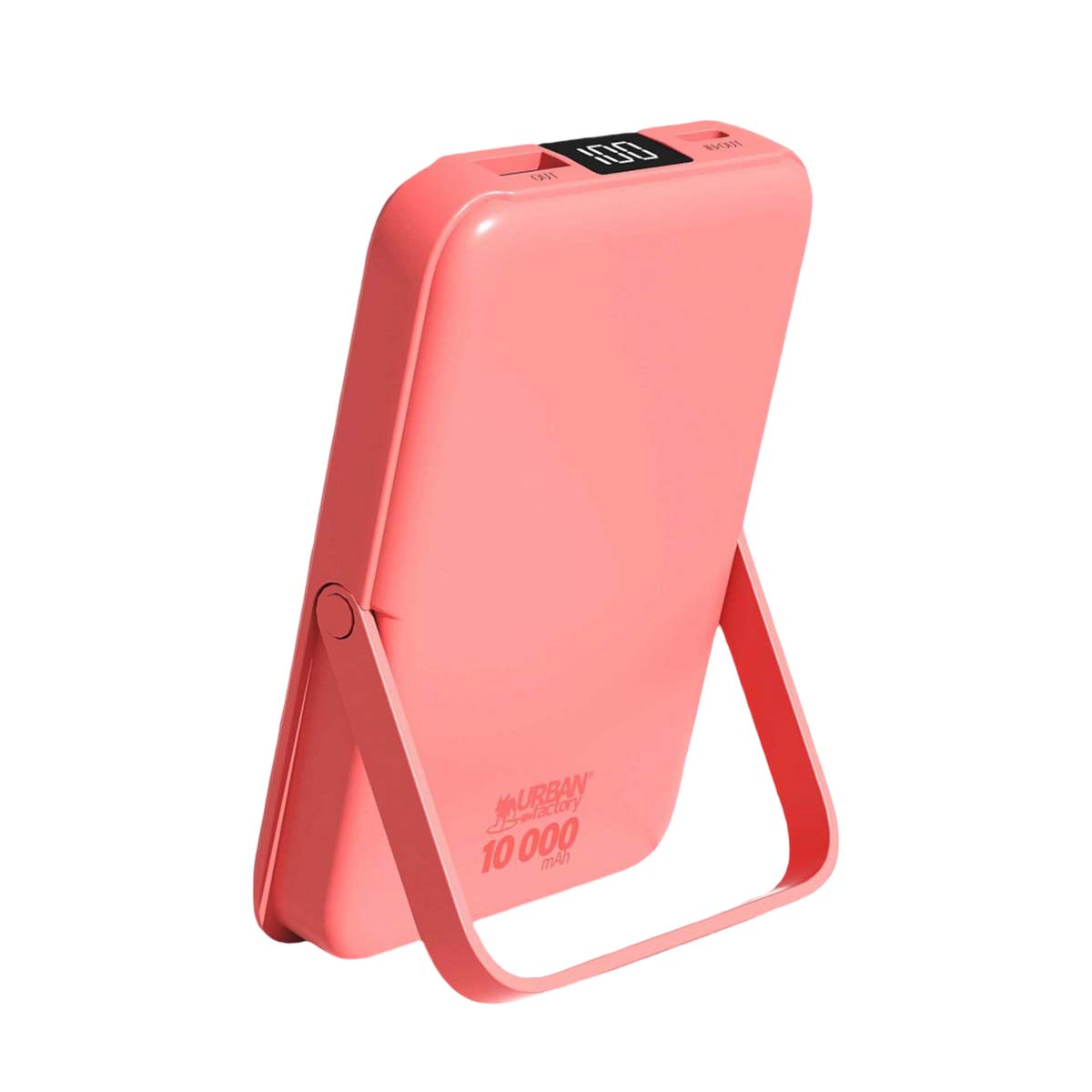 Ein rosafarbener Powerbank mit Ständer, der 100 % anzeigt.