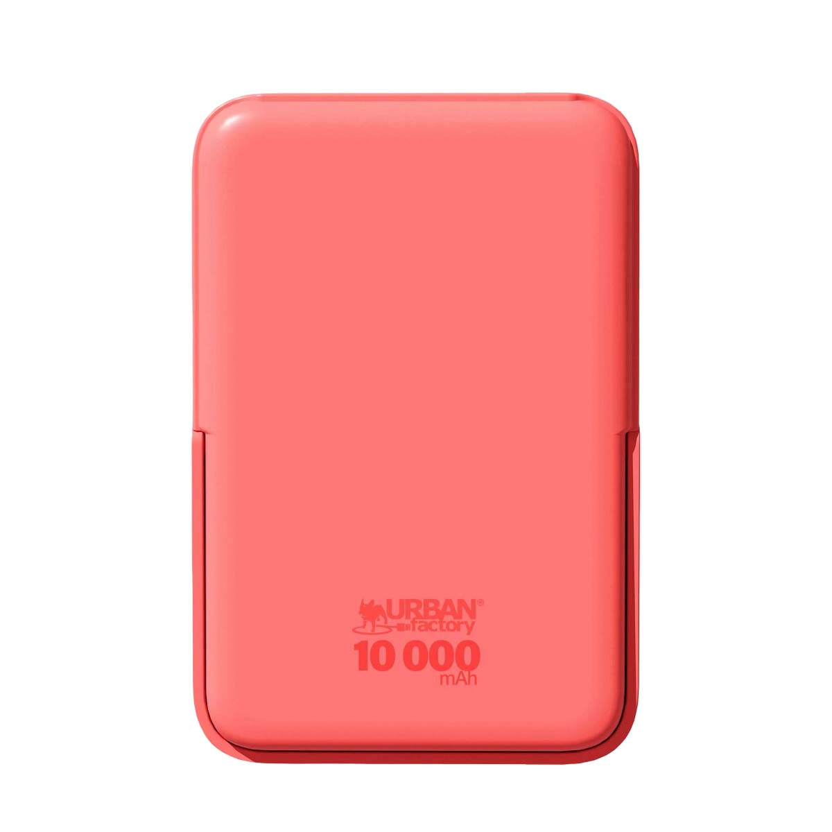 Eine Korallen-Powerbank mit 10.000 mAh und dem URBAN Factory-Logo.