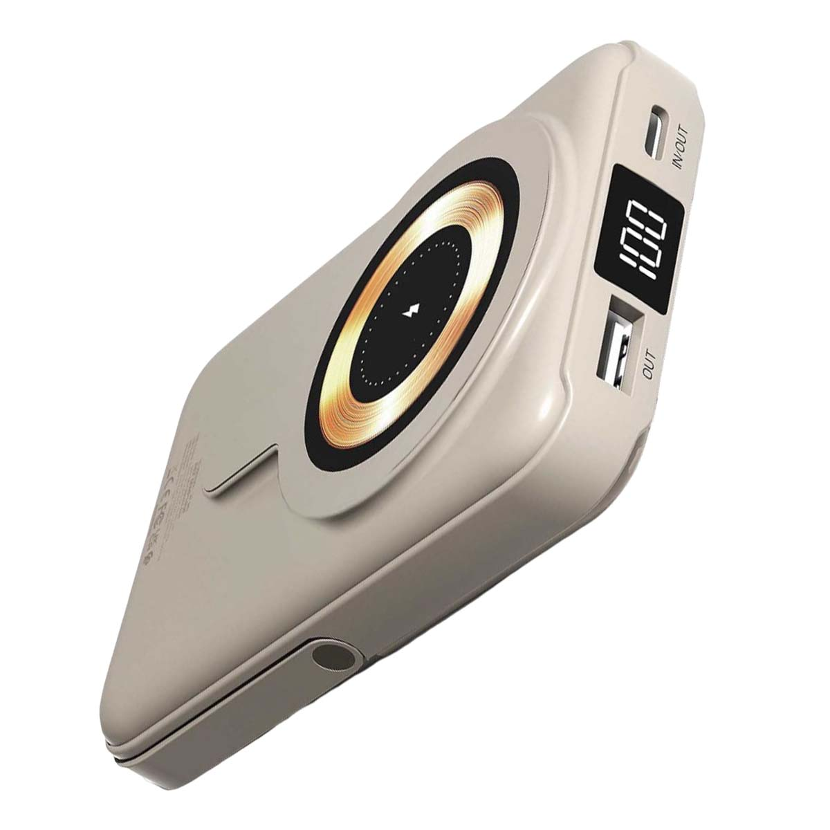 Chargeur sans fil beige avec écran numérique 100 et ports USB.