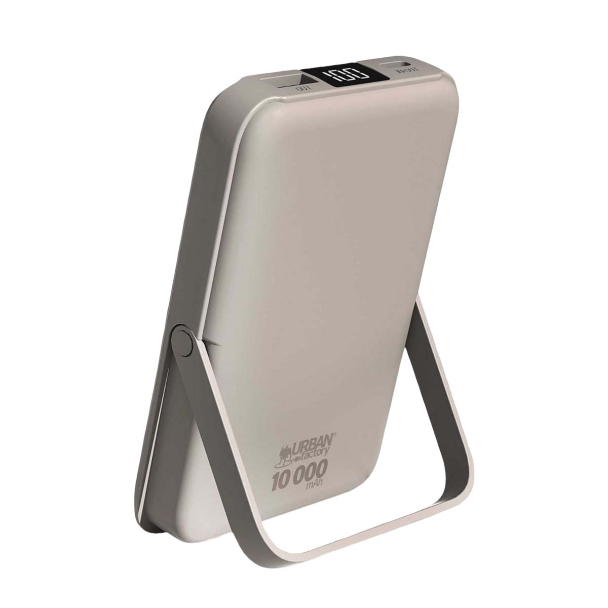 Batterie externe grise avec affichage 100% et support.