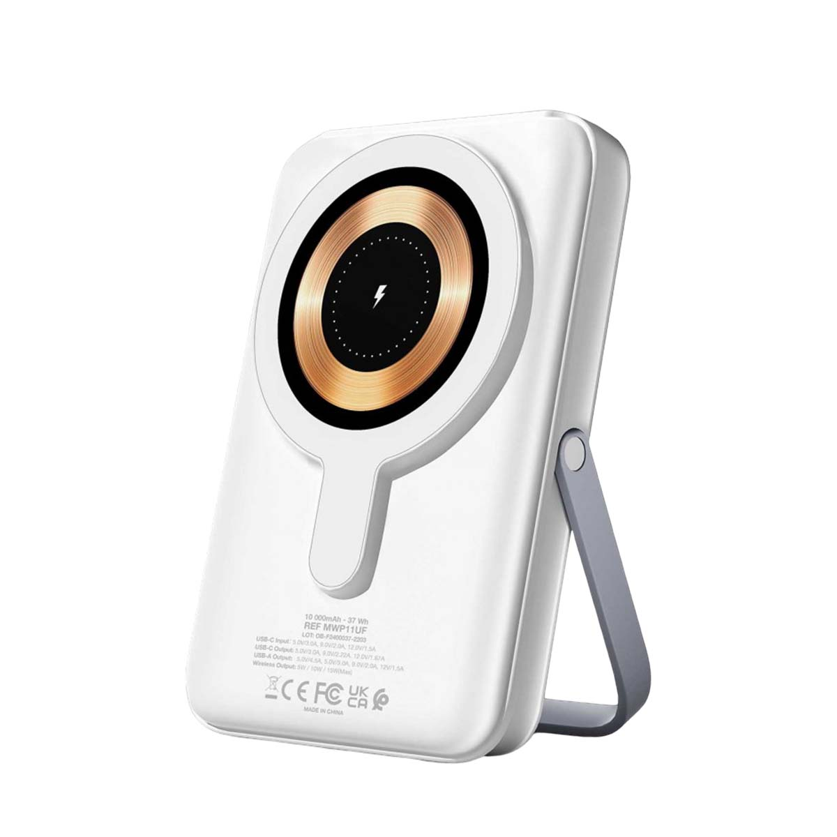 Funda de carga blanca con superficie de carga magnética y soporte plegable.