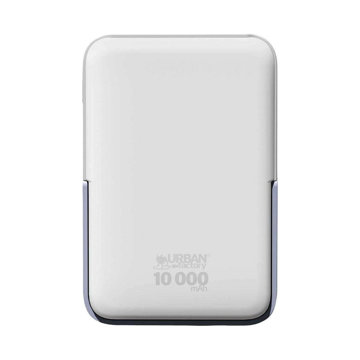 Una batería externa blanca con logo y texto "10000 mAh".
