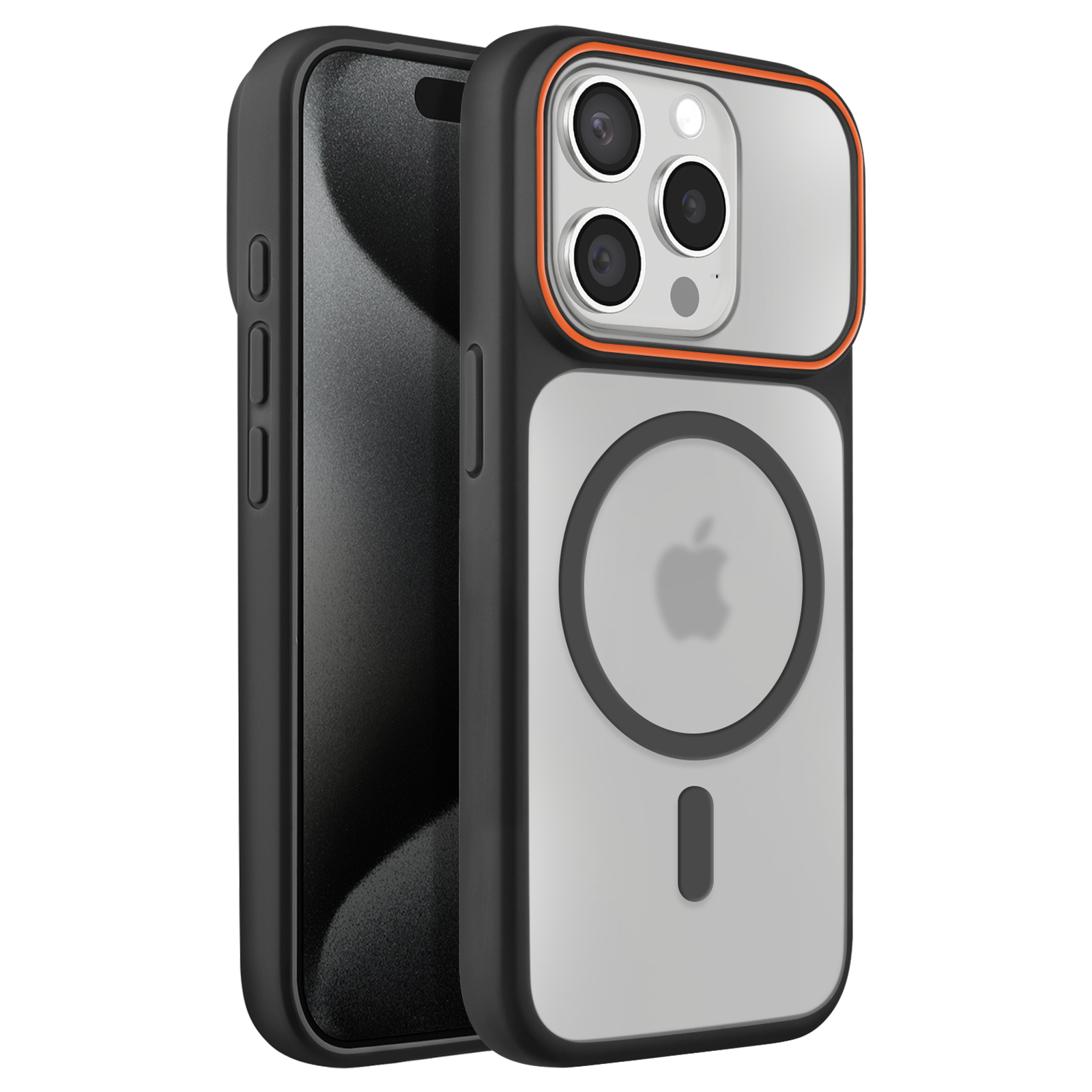 Een zwarte iPhone beschermhoes met oranje rand en camera-uitsparing.