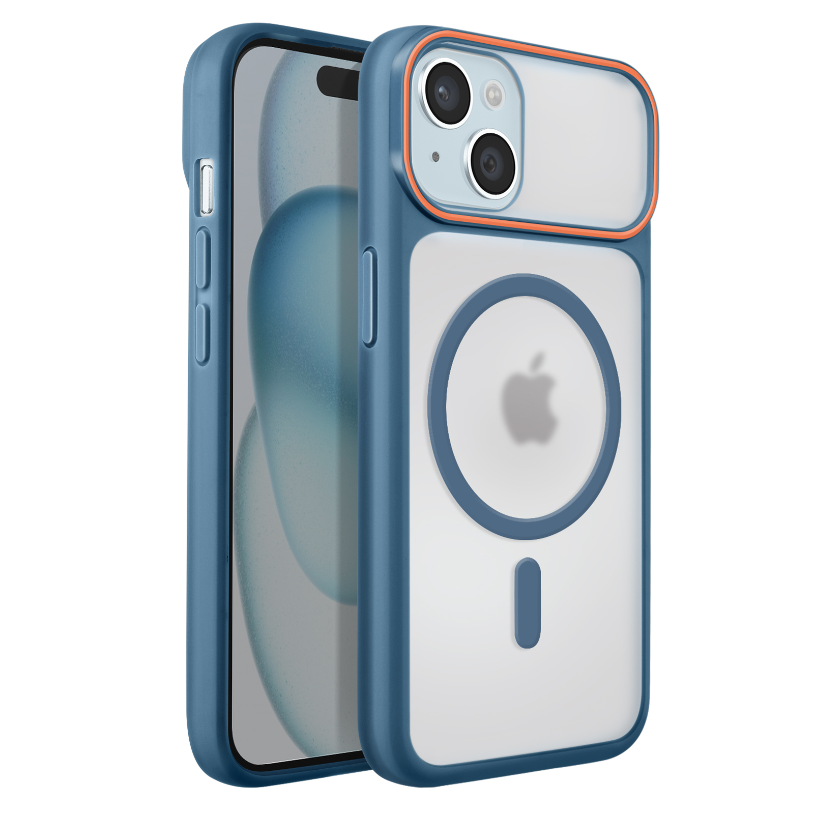 A blue phone case with a clear back and Apple logo.