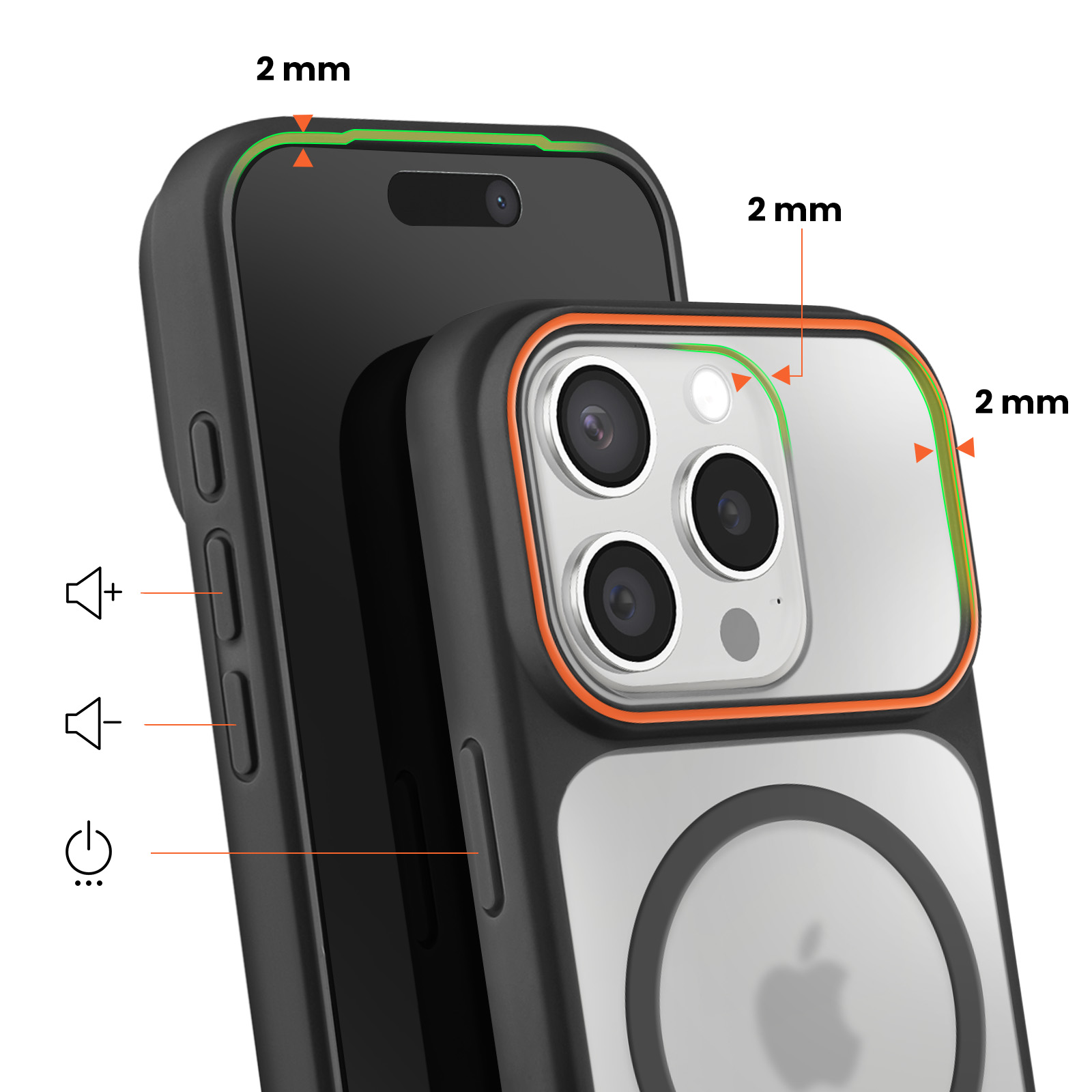 Zwarte telefoonhoes met 2 mm rand, toont volume- en power-iconen.