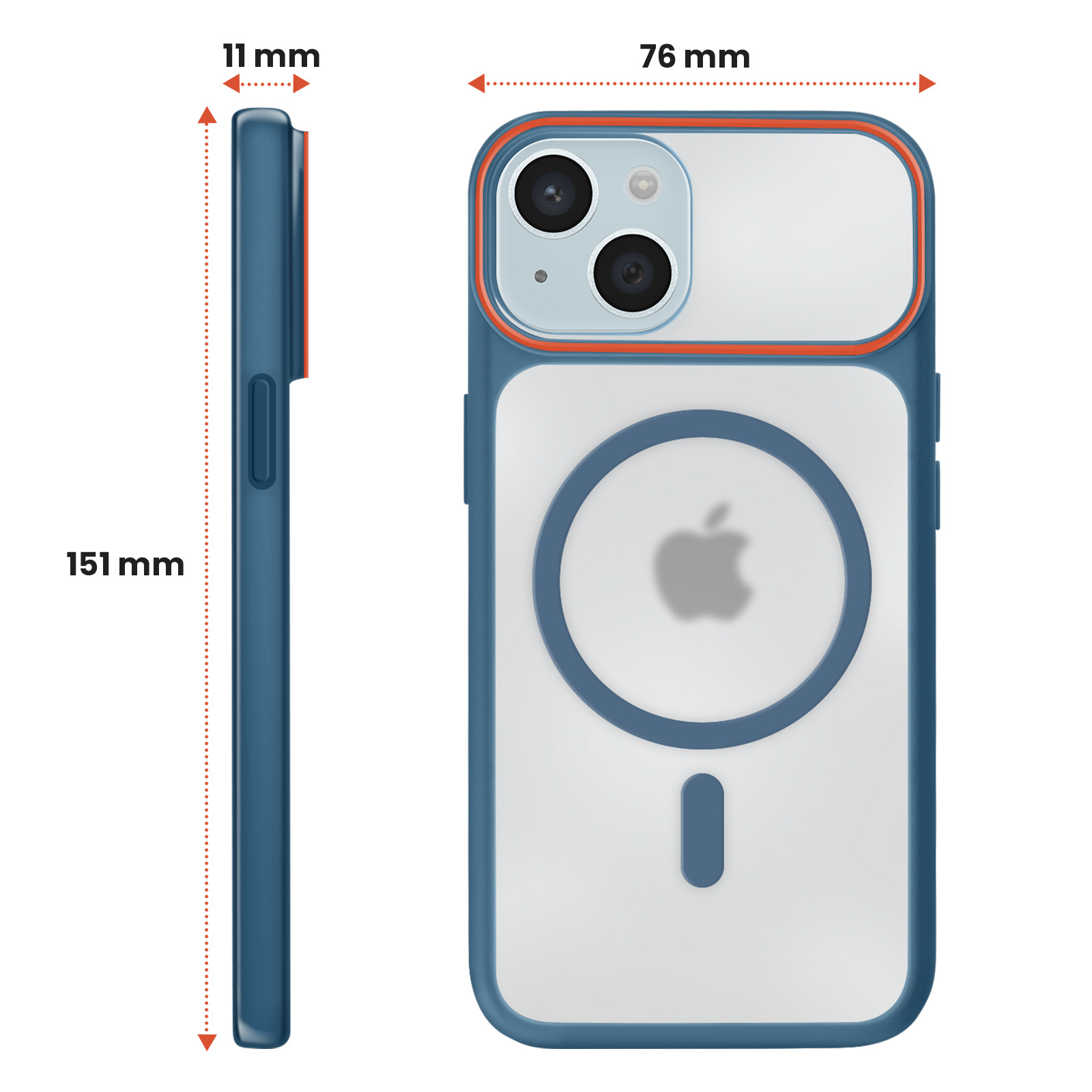 A blue case for a smartphone with two cameras and an Apple logo.