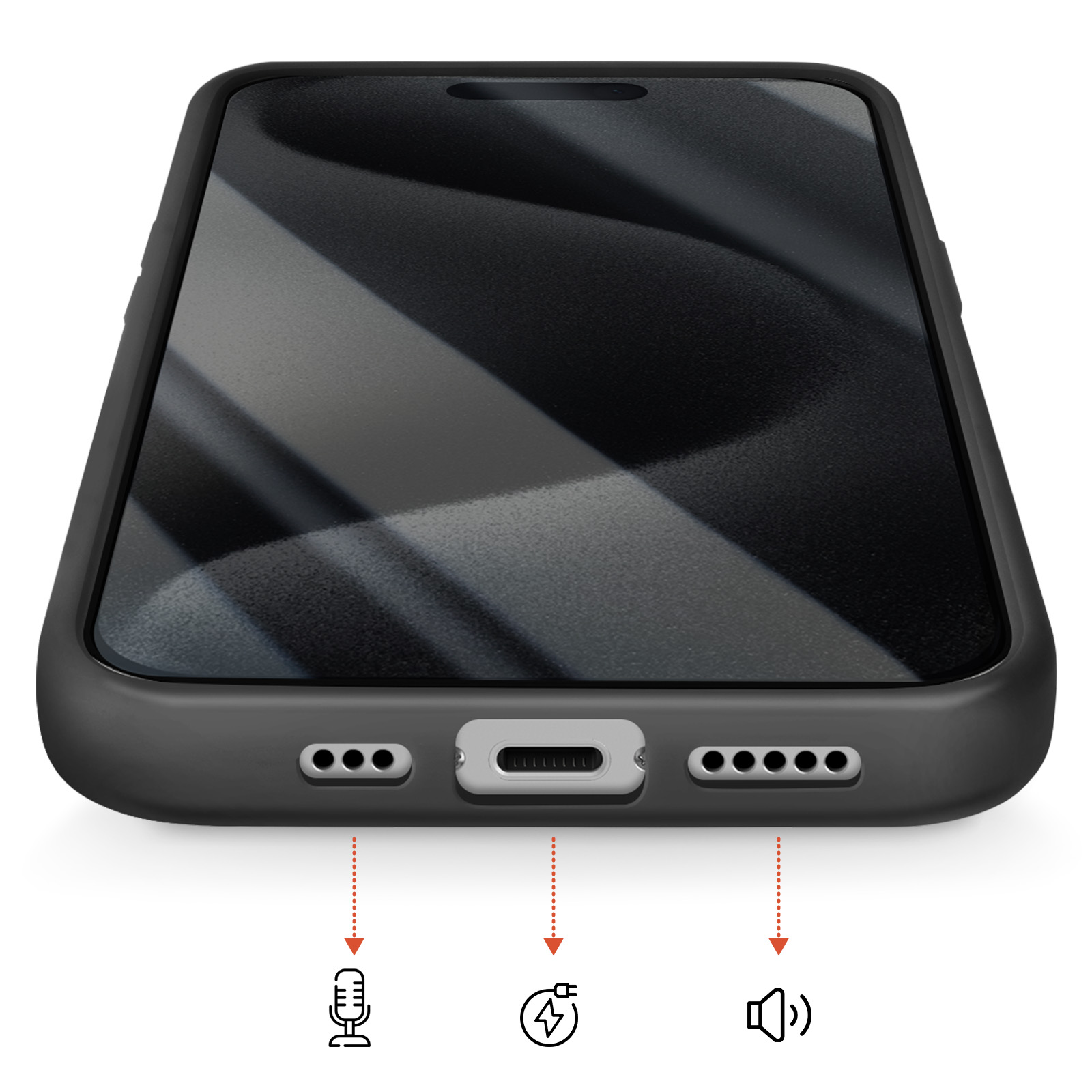 Close-up van de onderkant van een zwarte smartphonehoes met poorten.