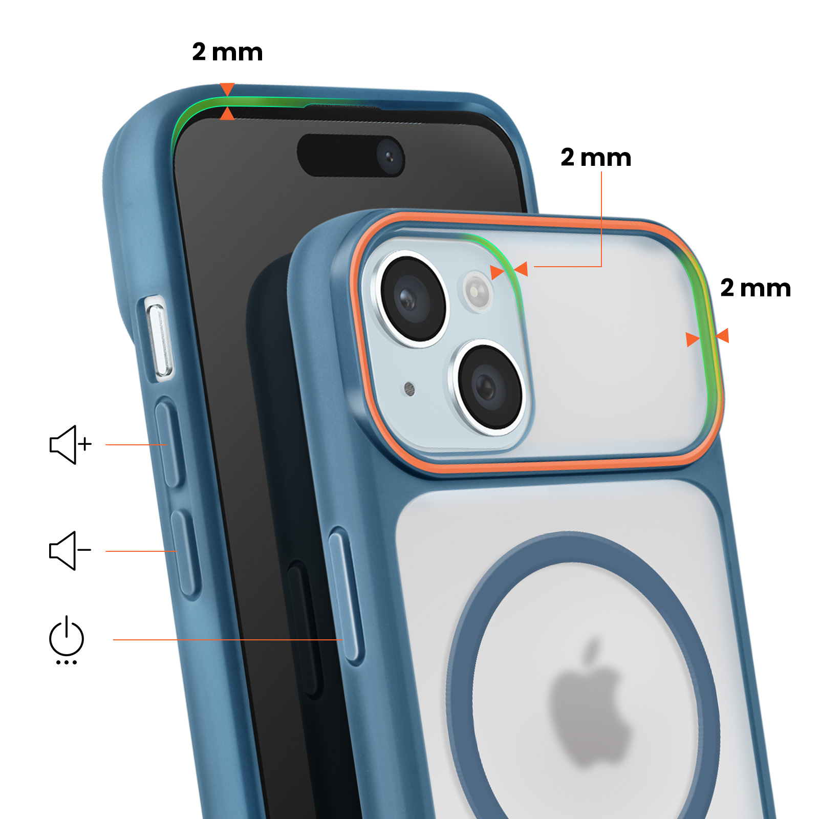 Blue phone case with orange trim shows 2mm raised edges around camera and screen.