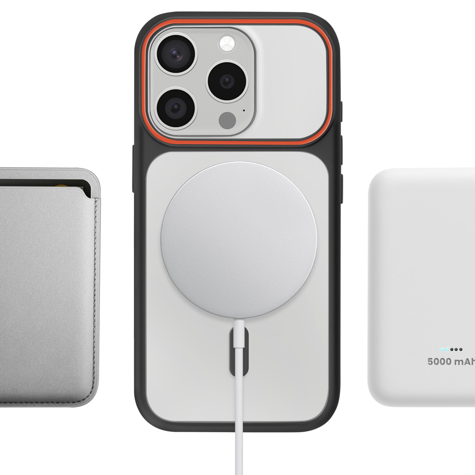 Een iPhone met hoesje, oplaadpad en powerbank.