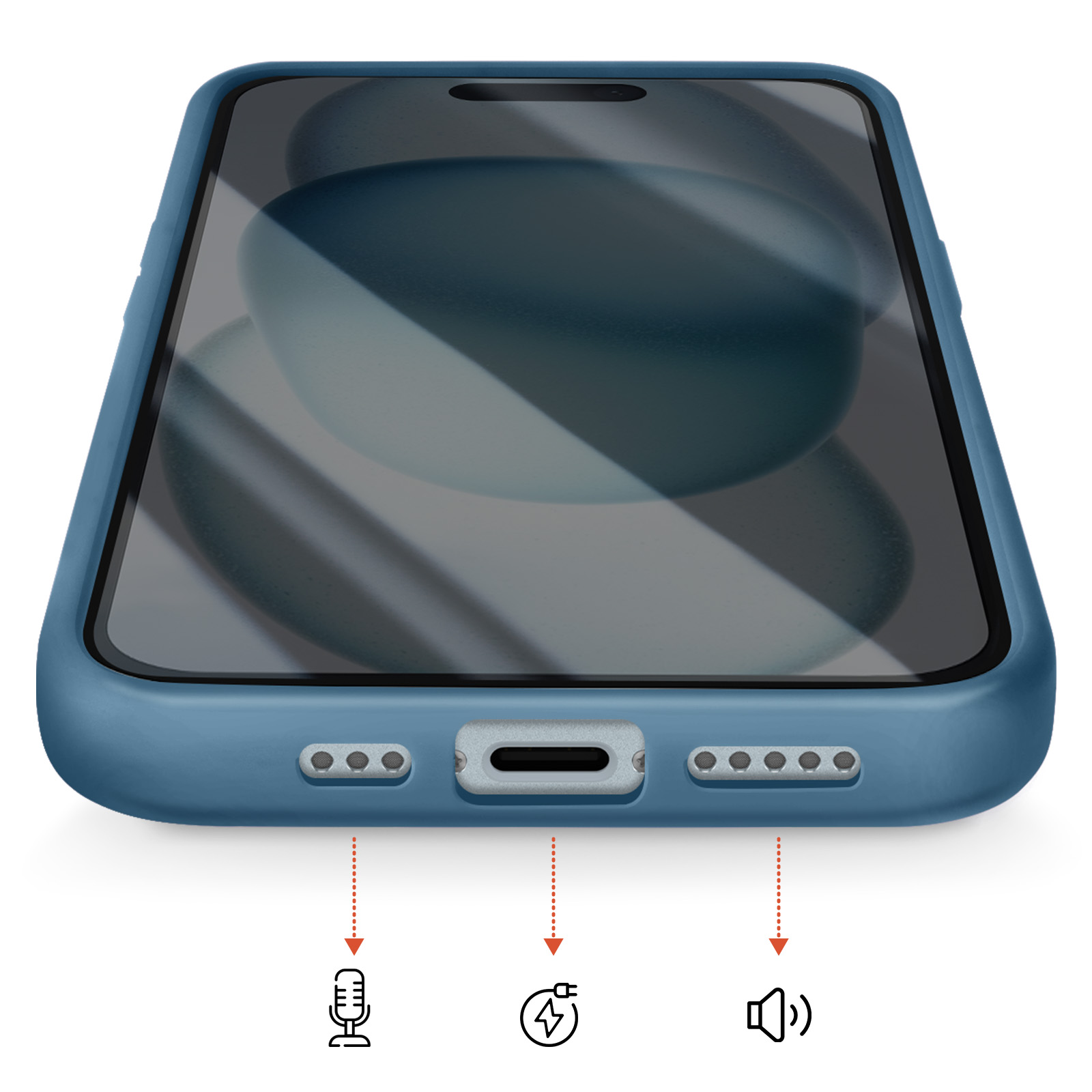 Close-up of a blue phone case showing port details and icons.