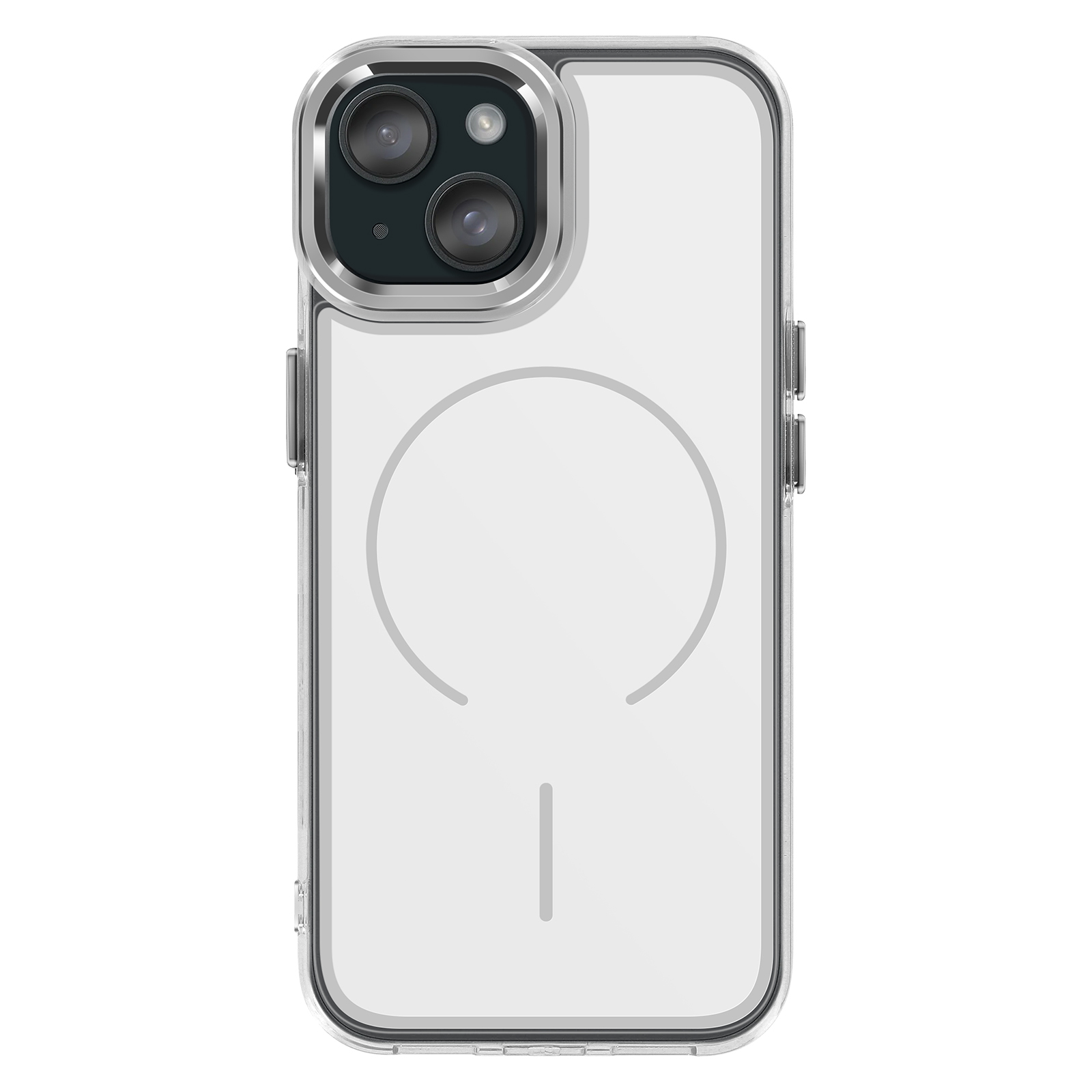 Transparante telefoonhoes met dubbele camera en zilveren rand. Magnetische cirkel op de achterkant.
