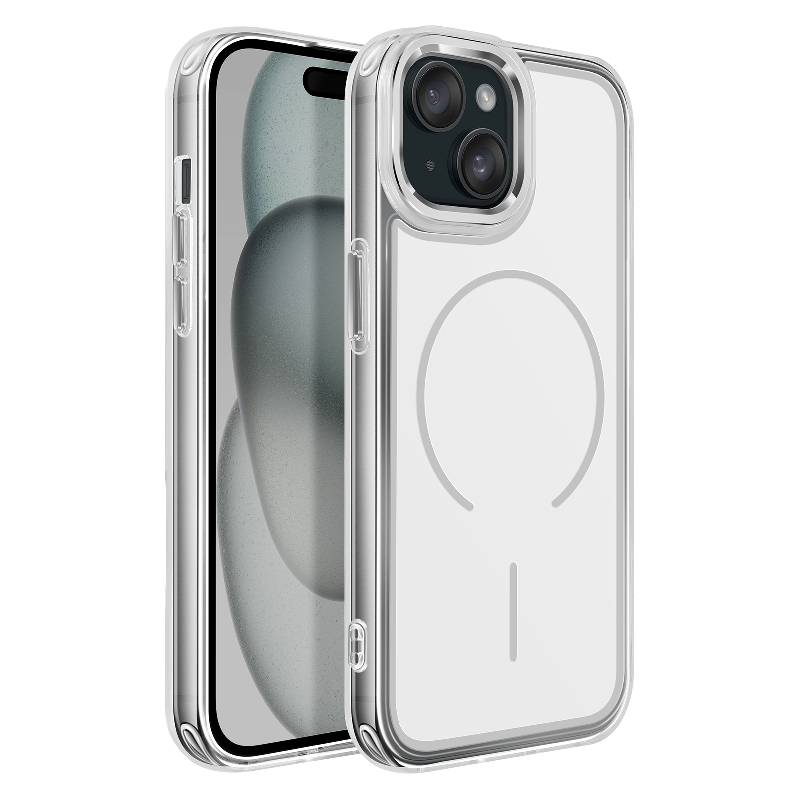 Een doorzichtige telefoonhoes met zilveren randen, getoond tegen een witte achtergrond.