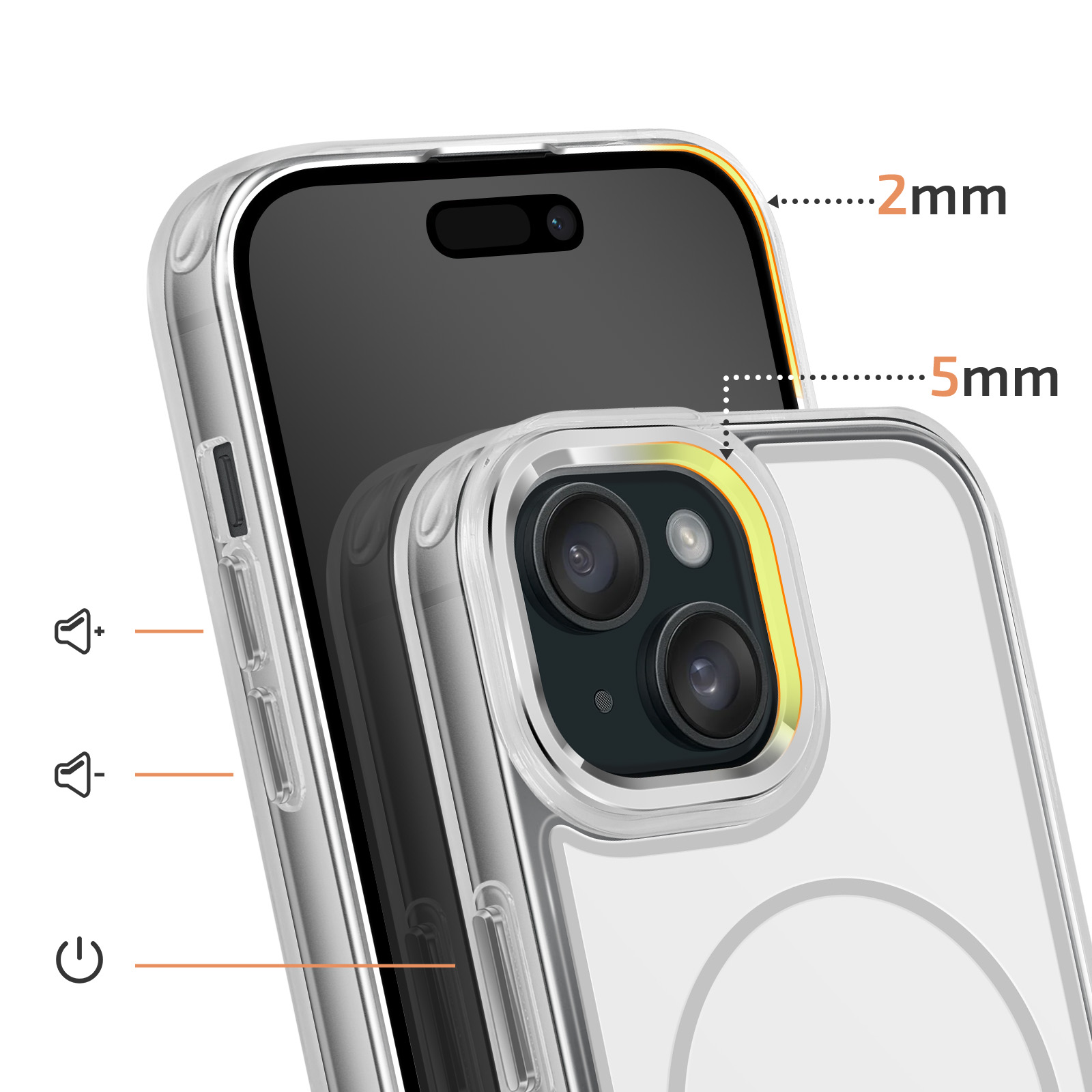 Transparante telefoonhoes met cameradetail en afmetingen van 2mm en 5mm.