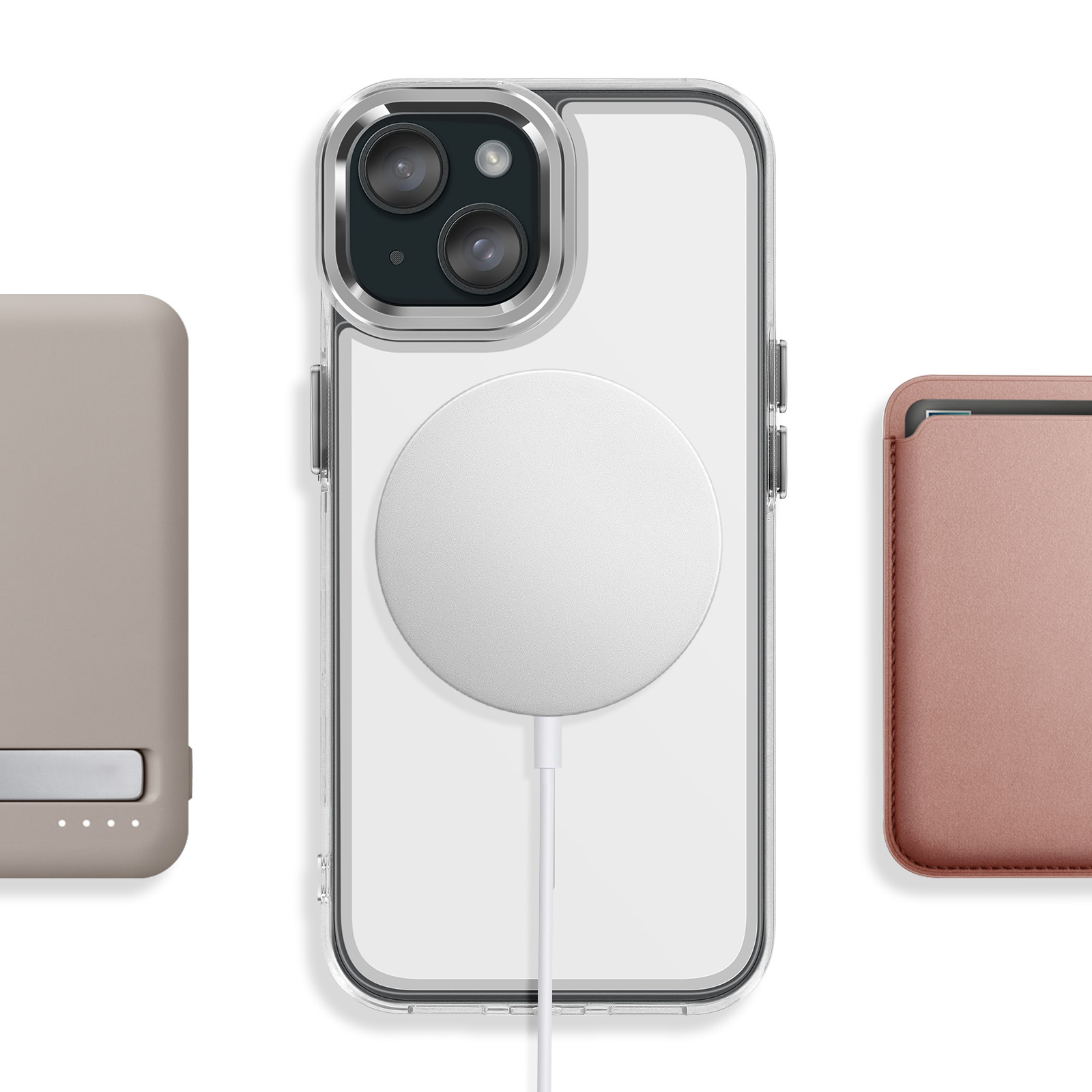 iPhone hoesje met MagSafe oplader, powerbank en kaarthouder.