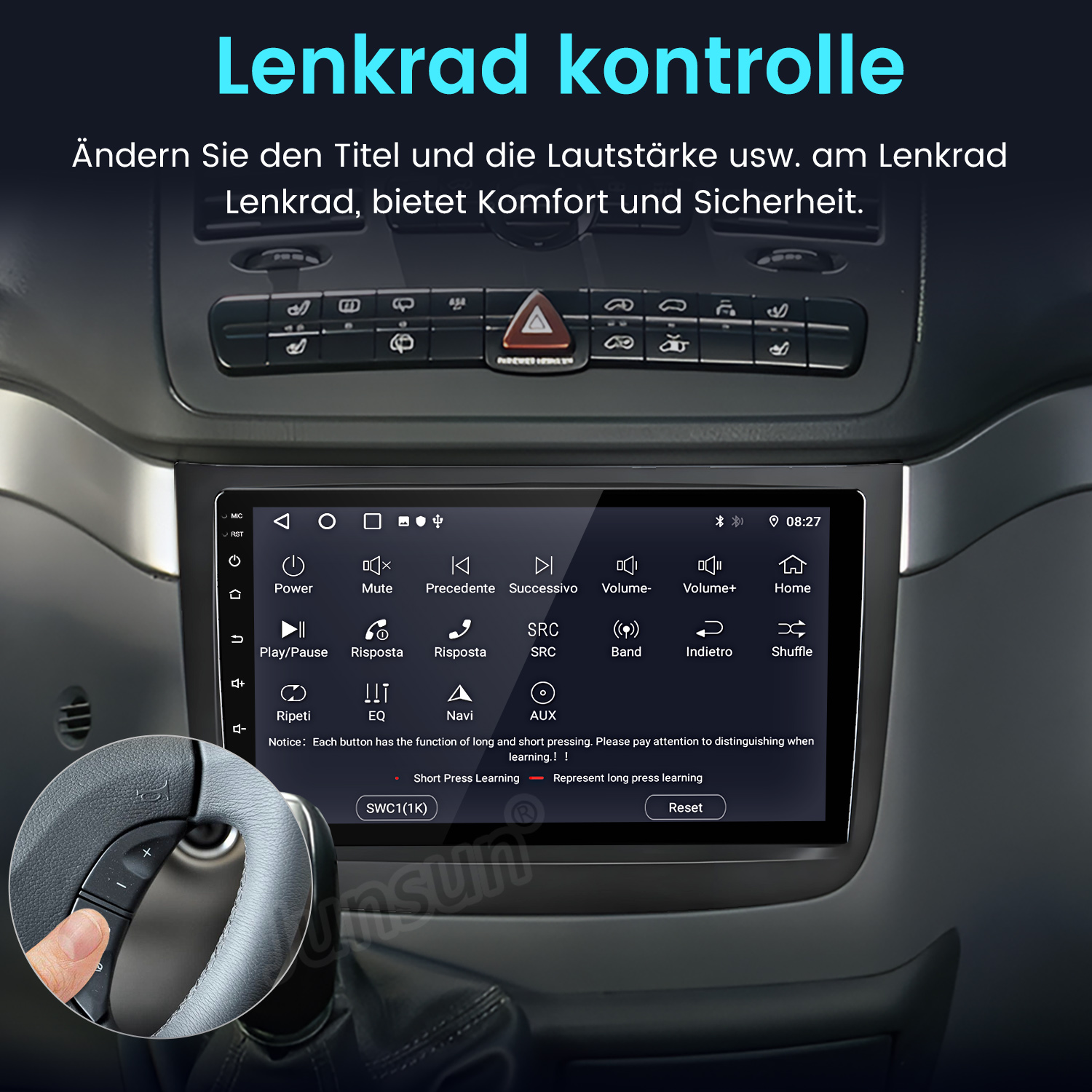 Bedienfeld eines Autos mit Touchscreen-Infotainmentsystem und Lenkradsteuerung.