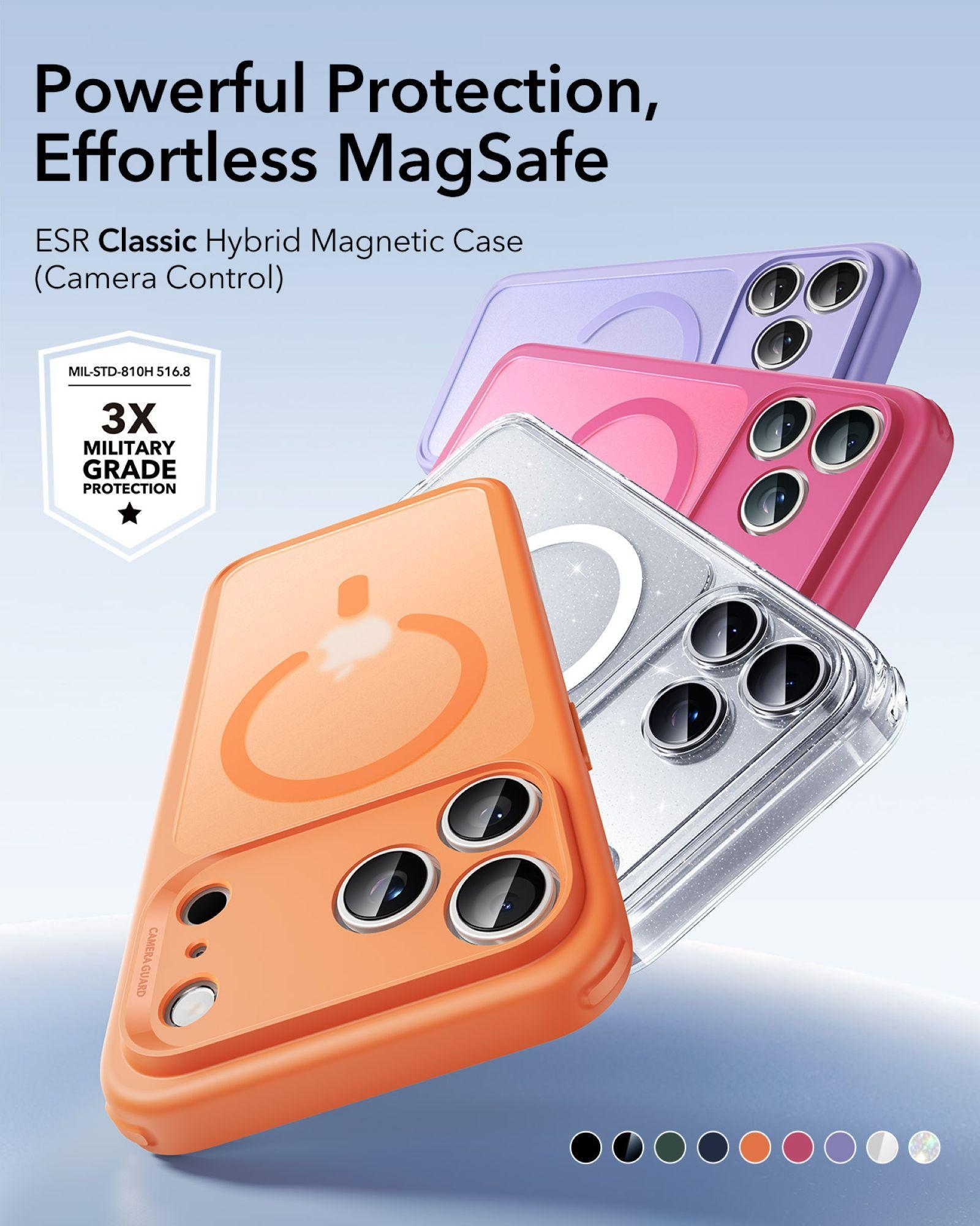Orange, pink und lila Handyhüllen mit MagSafe-Kreis und drei Kameras.