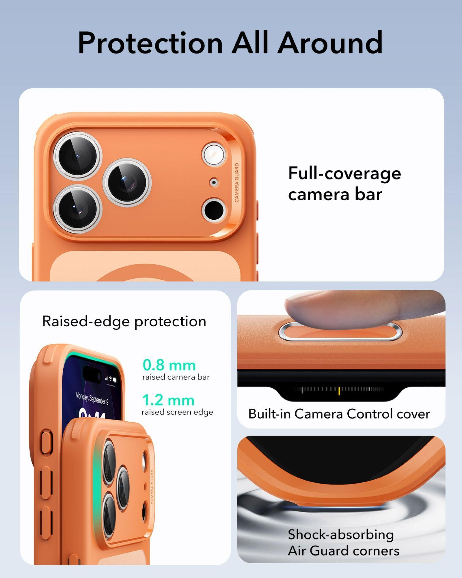 Orange Hülle mit Kamera-Aussparung und Schutzmerkmalen wie erhöhten Kanten.