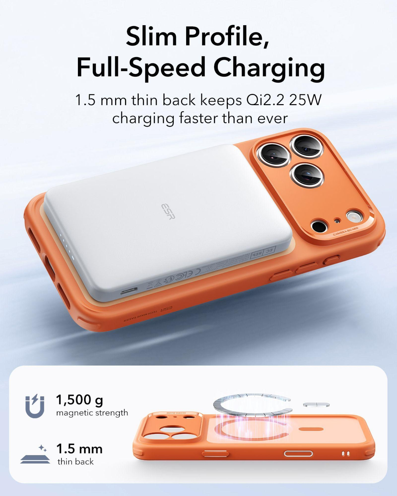 Ein weißes Ladegerät liegt auf einer orangen Handyhülle. Details unten.