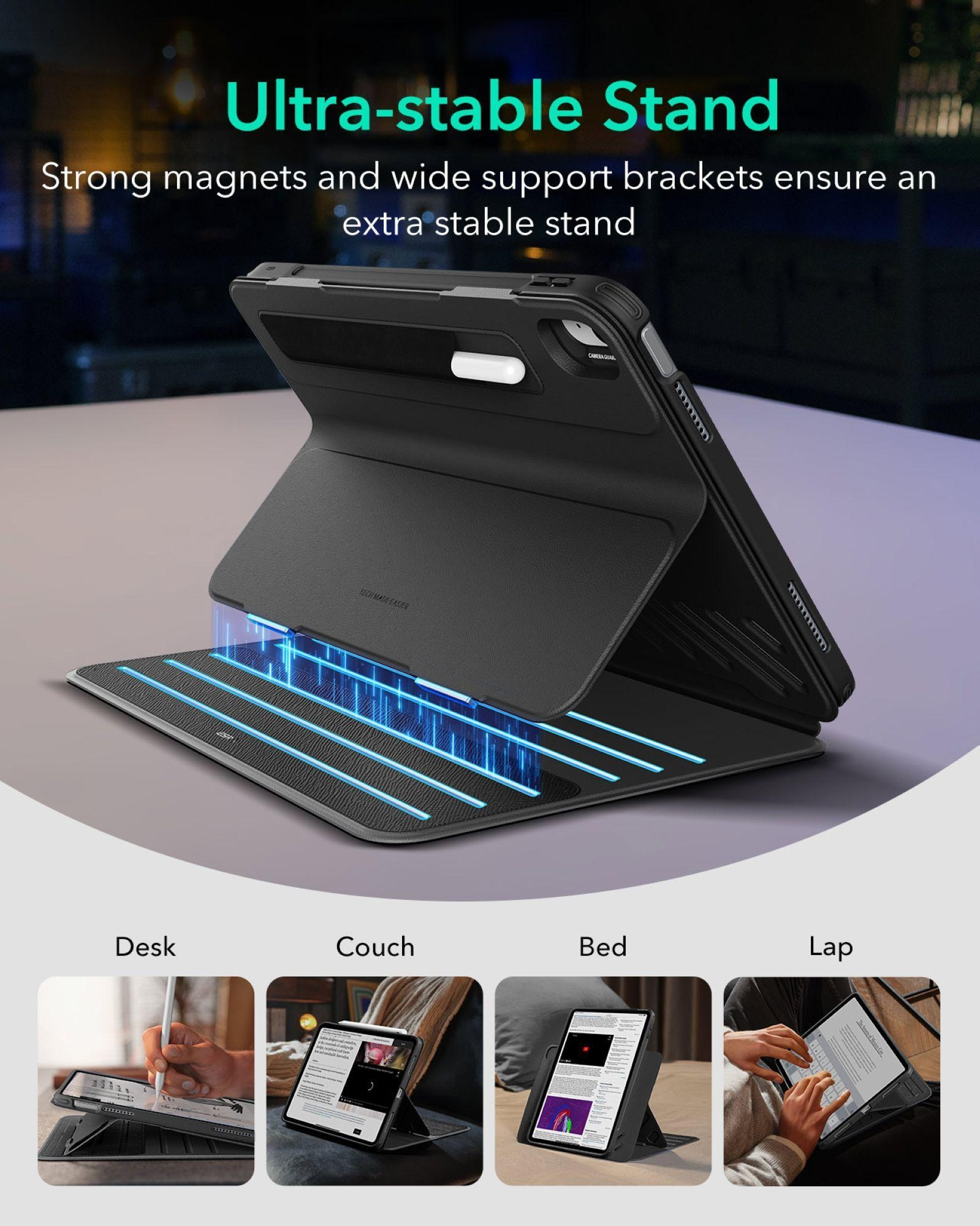 Schwarze Tablet-Hülle mit Ständer und blauen Lichtstrahlen. Unten: Nutzung auf Schreibtisch, Couch, Bett, Schoß.