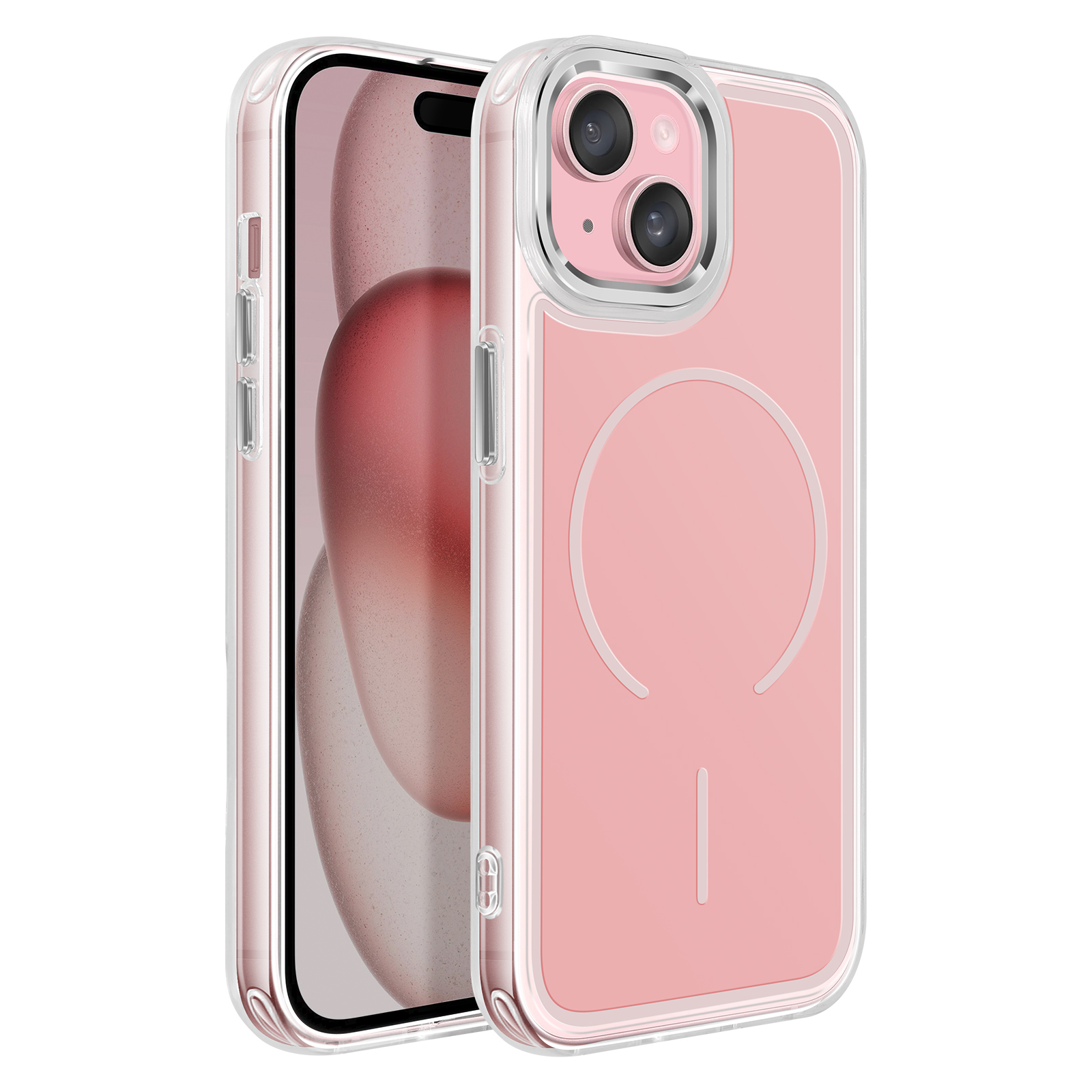 A pink iPhone in a clear case with two rear cameras, shown from the side.