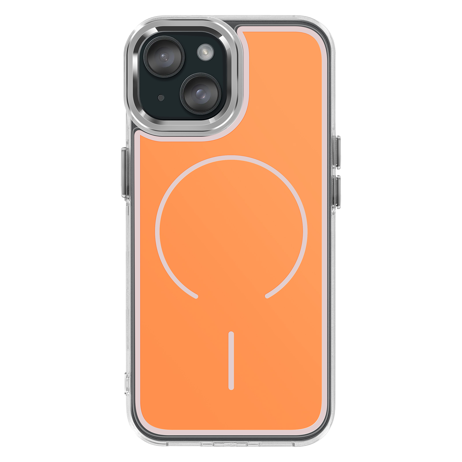 Oranje telefoonhoes met camera en MagSafe cirkelpatroon.