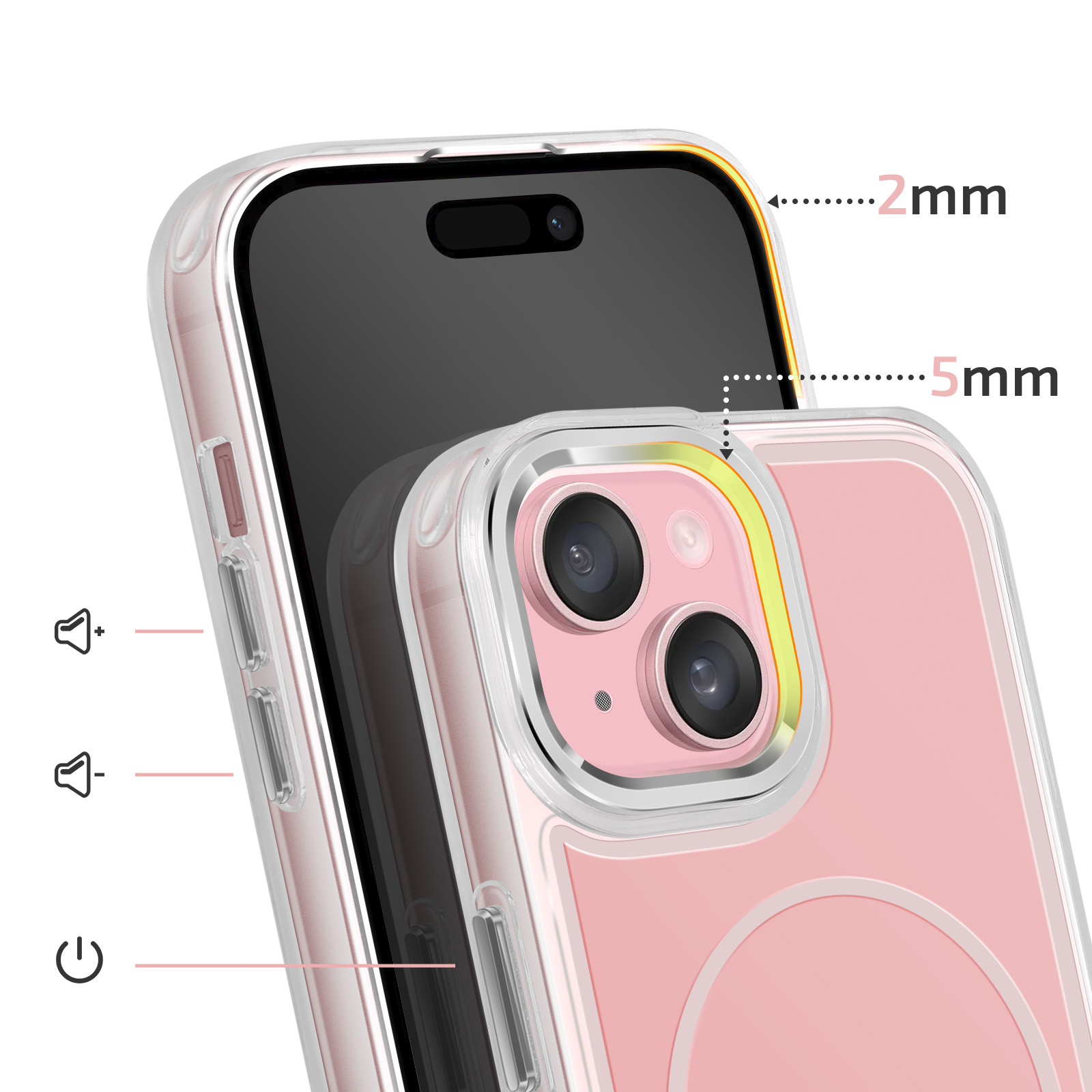 A pink iPhone in a clear case, measuring 2mm and 5mm.