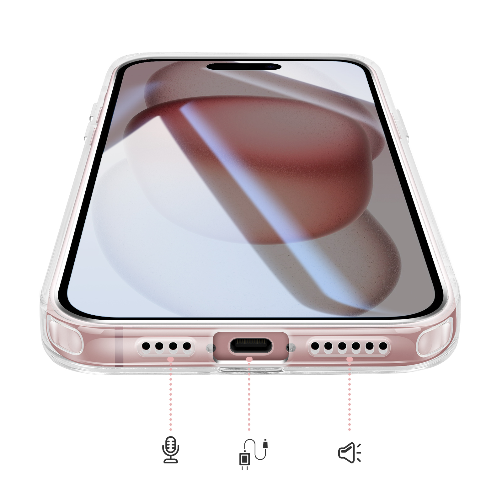 Uno smartphone oro rosa in custodia trasparente, con porte in basso.