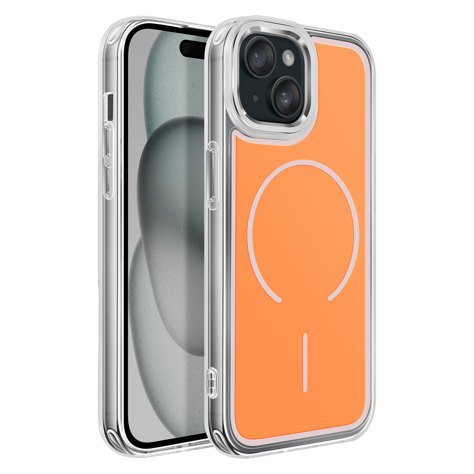 Een doorzichtige telefoonhoes met oranje achterkant en camera-uitsparing.