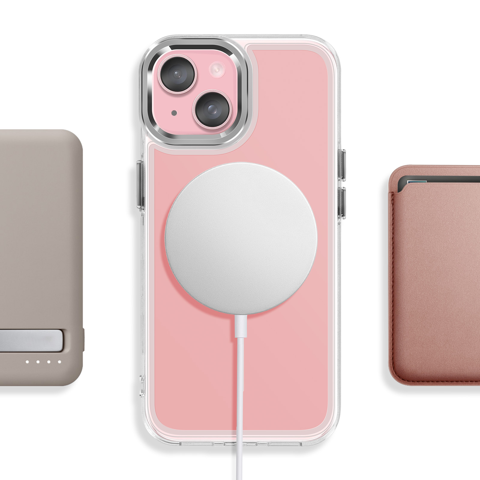 A pink iPhone with MagSafe charger, a power bank, and a case. White background.