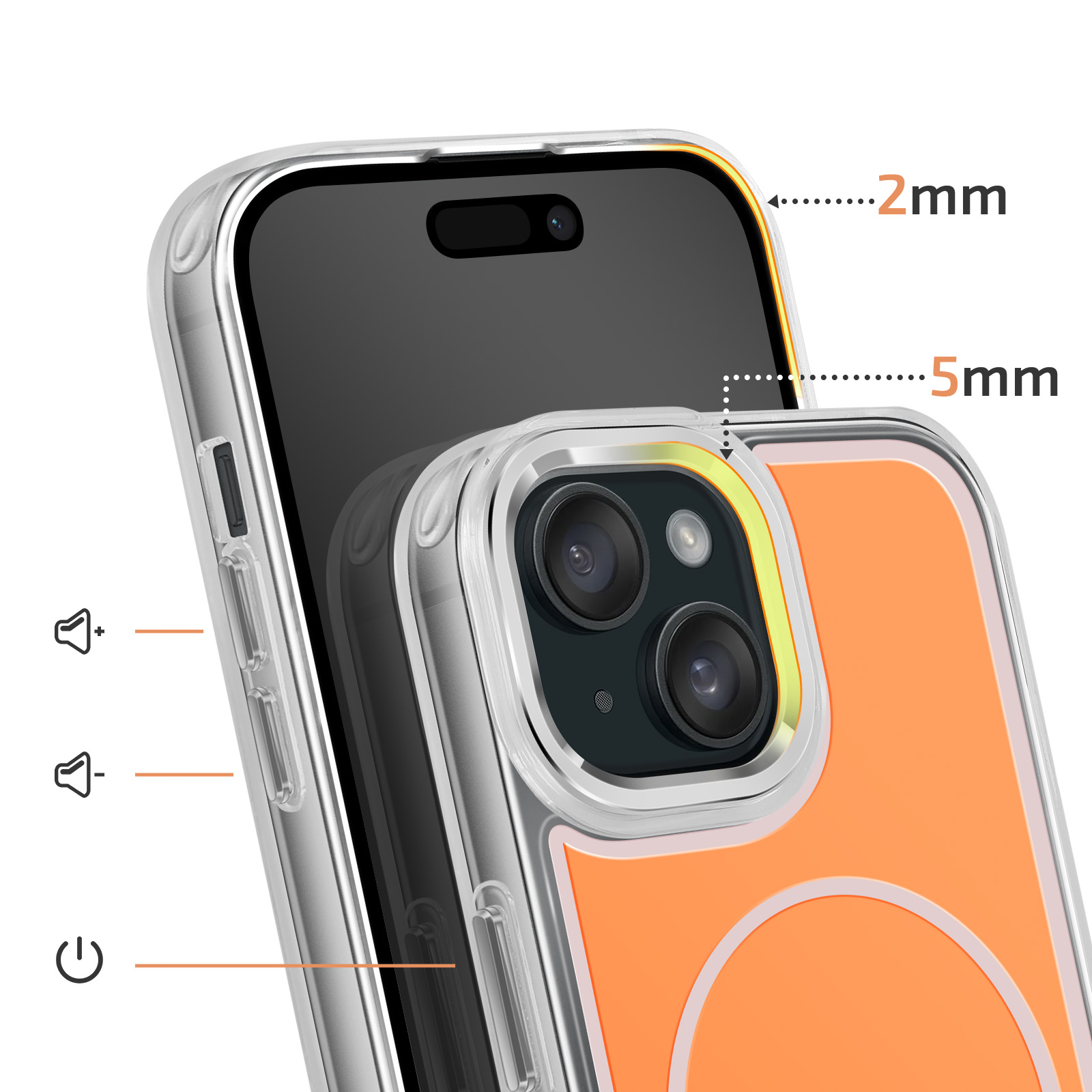 Een doorzichtige telefoonhoes met oranje achterkant en camera-uitsparing.