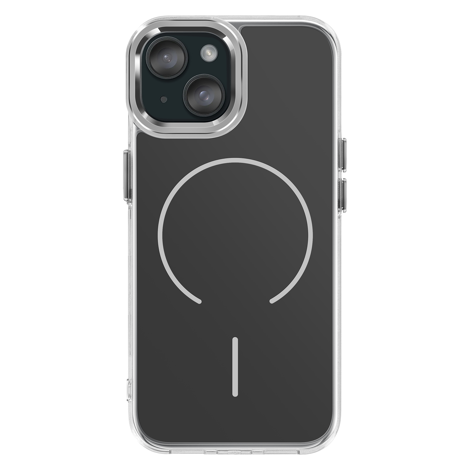 Transparante telefoonhoes met twee camera's en magneetring op zwarte achtergrond.