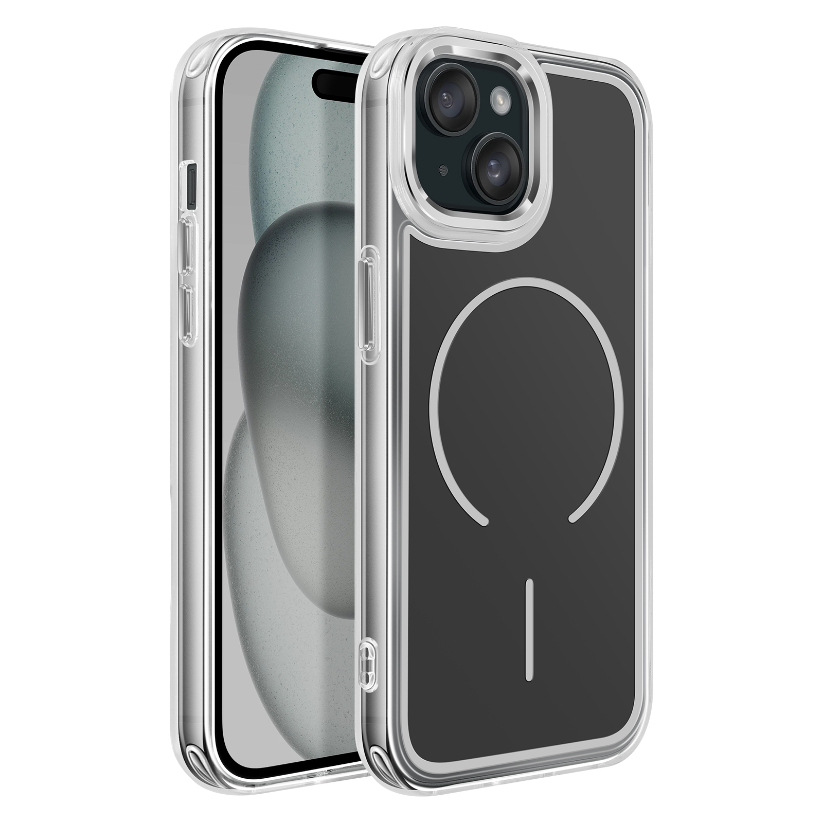 Een doorzichtige telefoonhoes met zilveren randen op een zwarte telefoon.