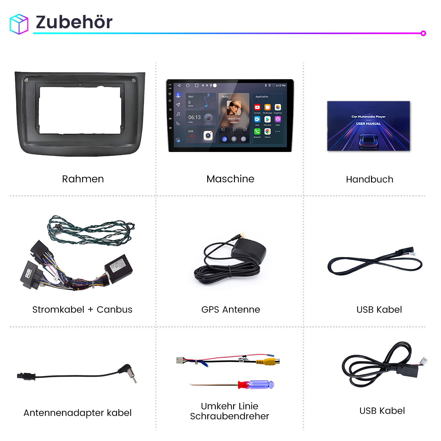 Zubehör: Rahmen, Maschine, Handbuch, Kabel, Antenne, Schraubendreher.