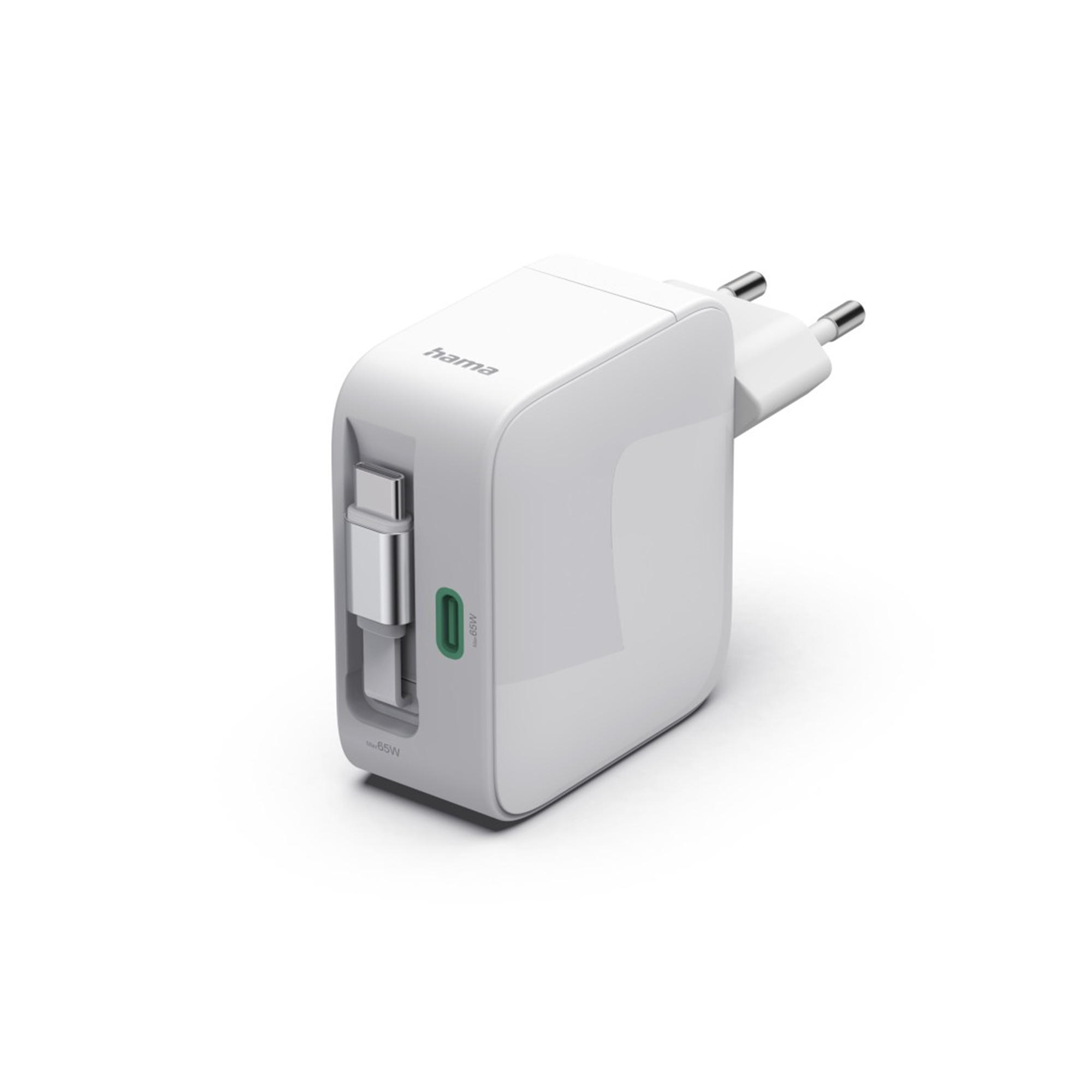 Weißes Hama Ladegerät mit zwei USB-C-Anschlüssen und EU-Stecker.